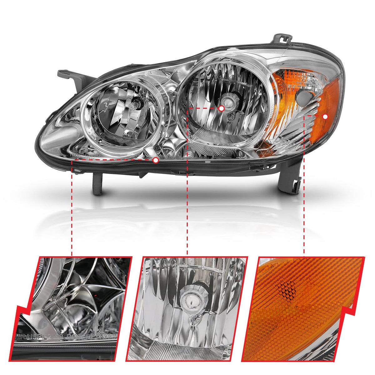 Chrome Amber ANZO Compatible Replacement Headlight for Toyota Corolla Crystal (121540) 2005-2008