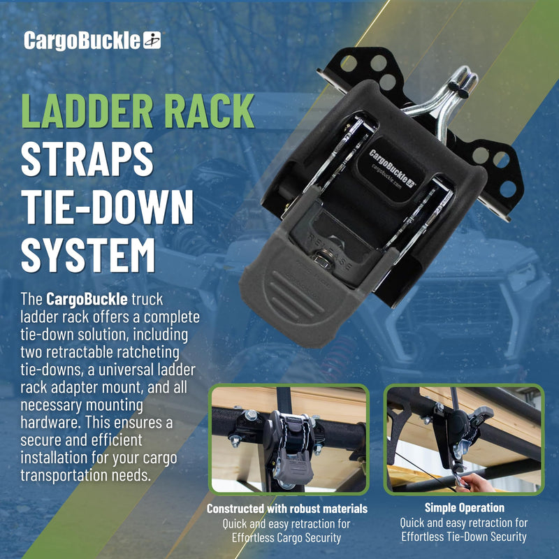 Heavy Duty CargoBuckle Ladder Rack Straps Tie-Down System, Universal Mount for Square/Round Racks, 2-Inch, 2000 Lbs Break Strength, 677 Lbs Safe Working Load, Double J-Hook, 7ft Straps - 2 Pack