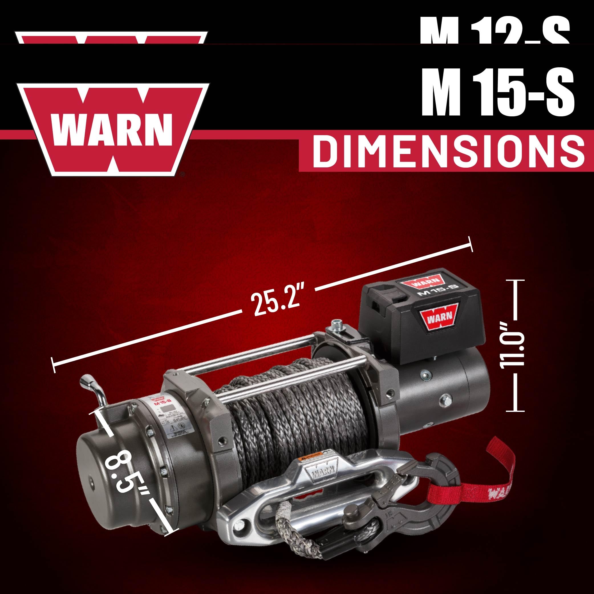 12V WARN M12-S Electric Heavyweight Winch – 12,000 lb Pulling Capacity, Synthetic Rope, Sealed Motor, IP68 Waterproof, All-Metal Gear Train for Off-Road Recovery & Industrial Use