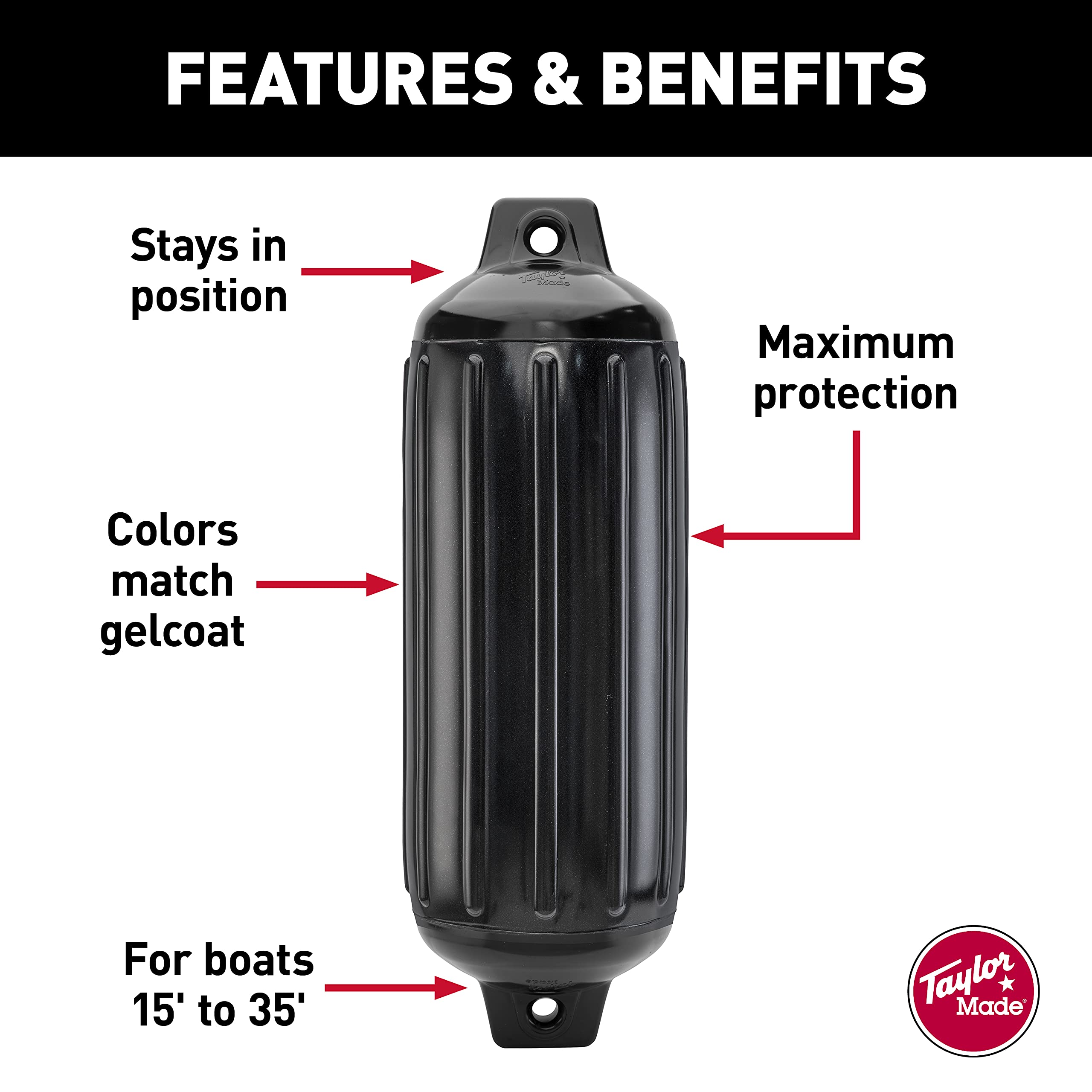Taylor Made Boat Fender Super Gard, Black Onyx (8.5" x 26") Double-Molded Ends, Ribbed Technology to Minimize Roll, Rubber Football Needle Inflation Valve, Marine-Grade Vinyl, 5/8" Eyelets - 952824