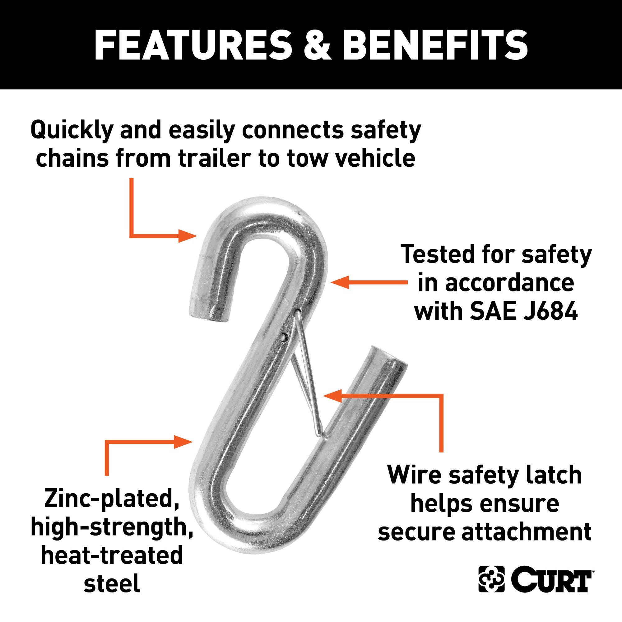CURT 17/32-Inch Certified Trailer Safety Chain S-Hook with Latch, 7,600 lbs