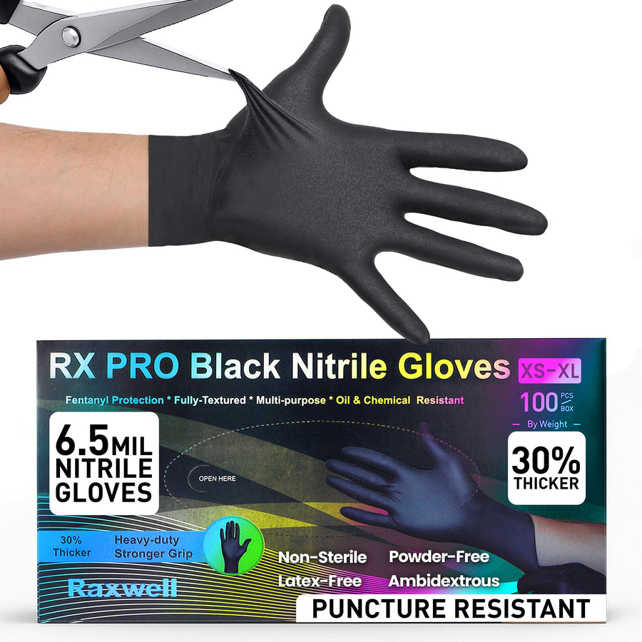 Heavy Duty Raxwell Disposable Gloves Latex Free | 6.5 Mil Black Nitrile Gloves Medium | 100 Count Powder Free & Chemical Resistant | Food Grade, Food Safe | For Janitors, Kitchens, Mechanics & More