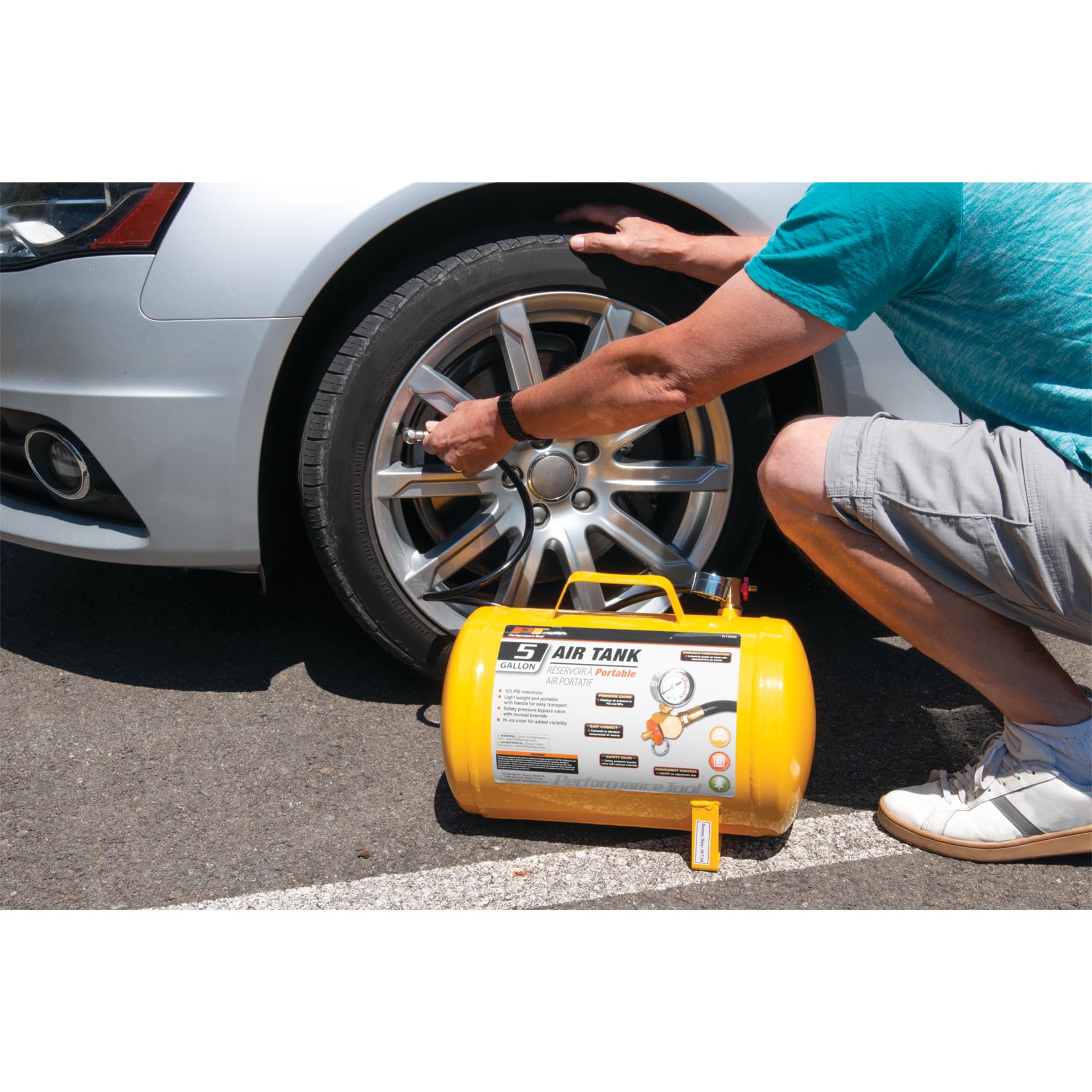 Hi-viz Performance Tool W10005 5-Gallon Horizontal Portable Air Tank With Tire Air Chuck, Yellow