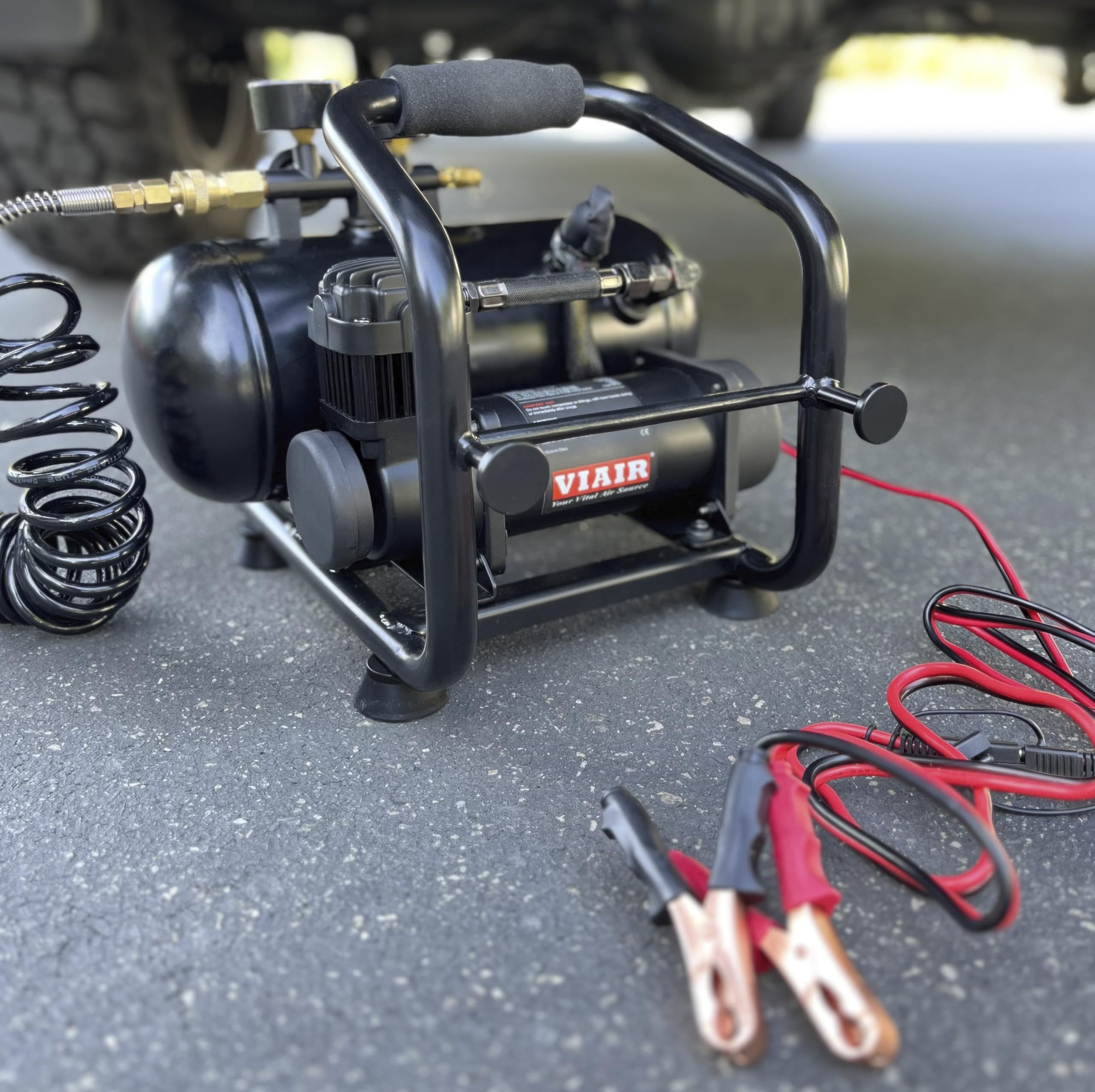 12V VIAIR 380C Plug-N-Play Compressor, 1.5 gallon tank, 200 PSI Rated with Alligator Clamps, for nailing, air tools, tire inflation