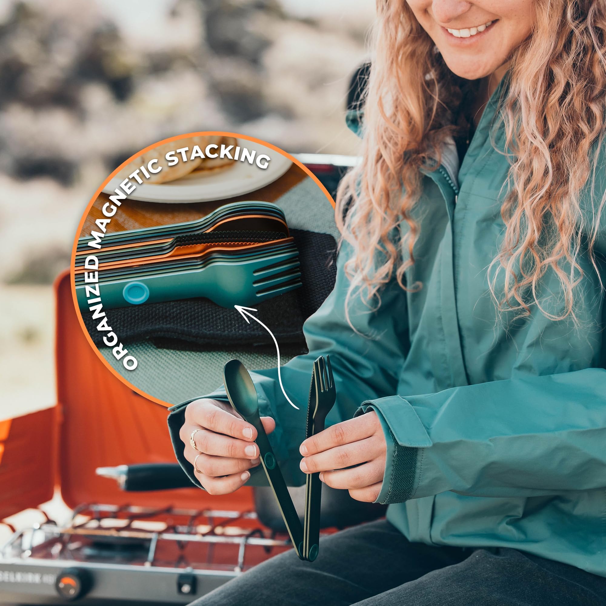 MAGWARE - FULL WINDSOR Magnetic Camping Cutlery Set - Travel Utensils for Camping, Cooking, and Outdoor Dining - Knife, Fork & Spoon - Portable Silverware with Pouch - Green (3 PCS)
