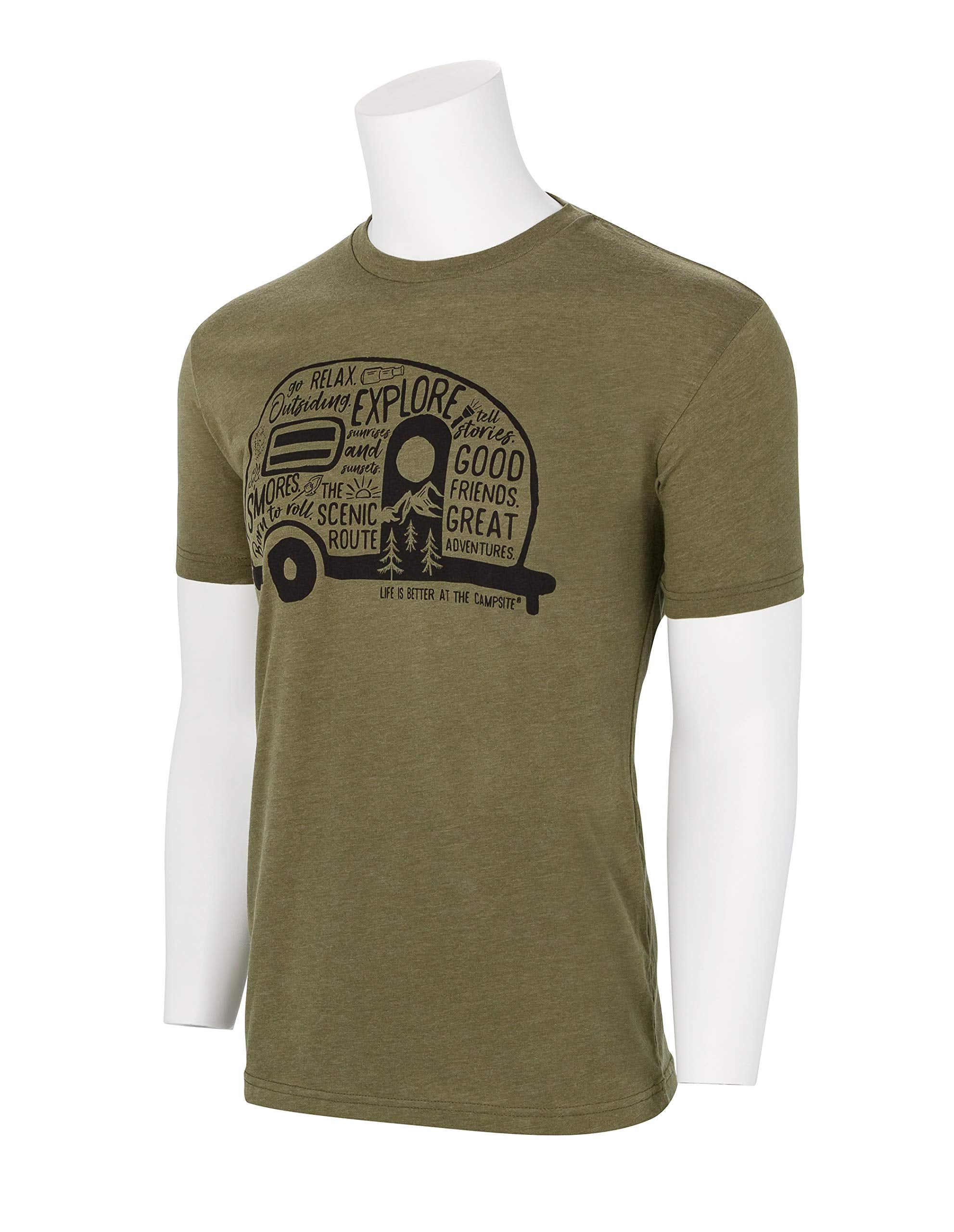 Camco Crew Neck Life is Better at The Campsite Short Sleeve T-Shirt | Features Soft Ring-Spun Cotton Fabric, Graffiti RV Design on Olive, and is Machine Washable | XX-Large (53344)