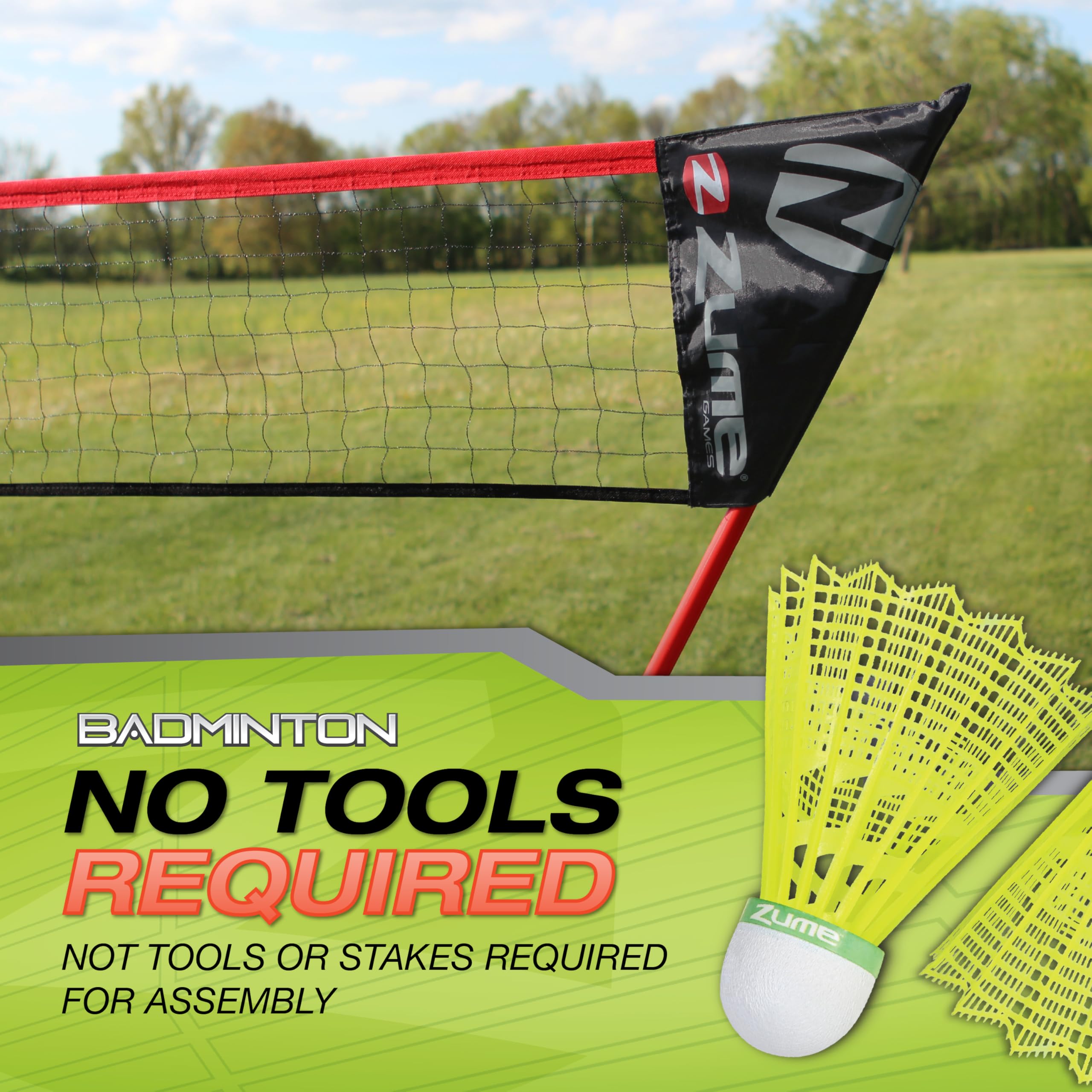 Zume Games Badminton Set Portable with Net, 4 Rackets, Shuttlecocks & Carrying Case – Outdoor Lawn Game for Backyard, Beach, or Park – Easy Setup, No Tools Required