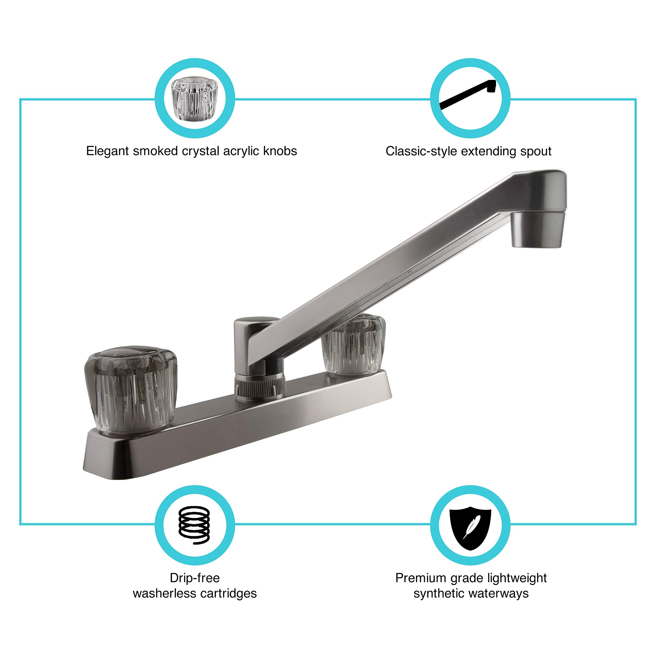 Dura Faucet RV Kitchen Sink Faucet DF-PK600S-SN with Smoked Acrylic Knobs (Brushed Satin Nickel)
