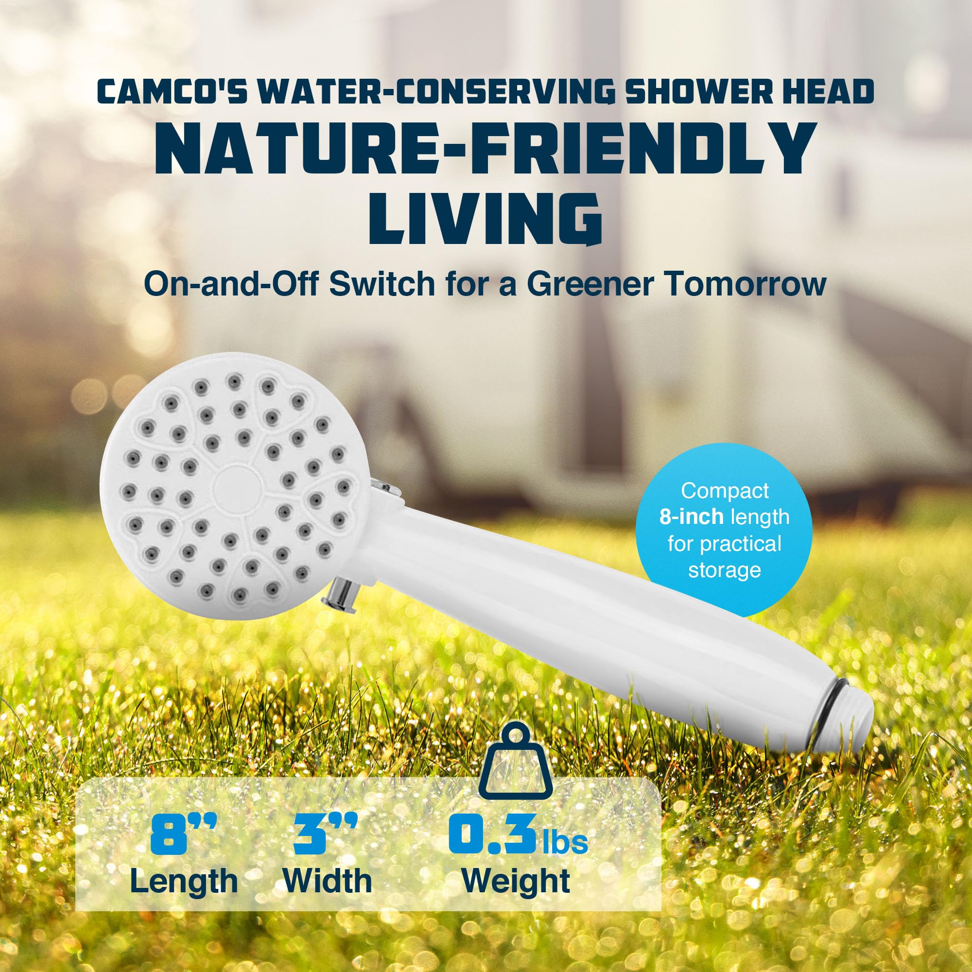 RV Outdoor Shower Head Camco | High Flow Shower Head | Conserve Water with Convenient On/Off Switch | White (44023)