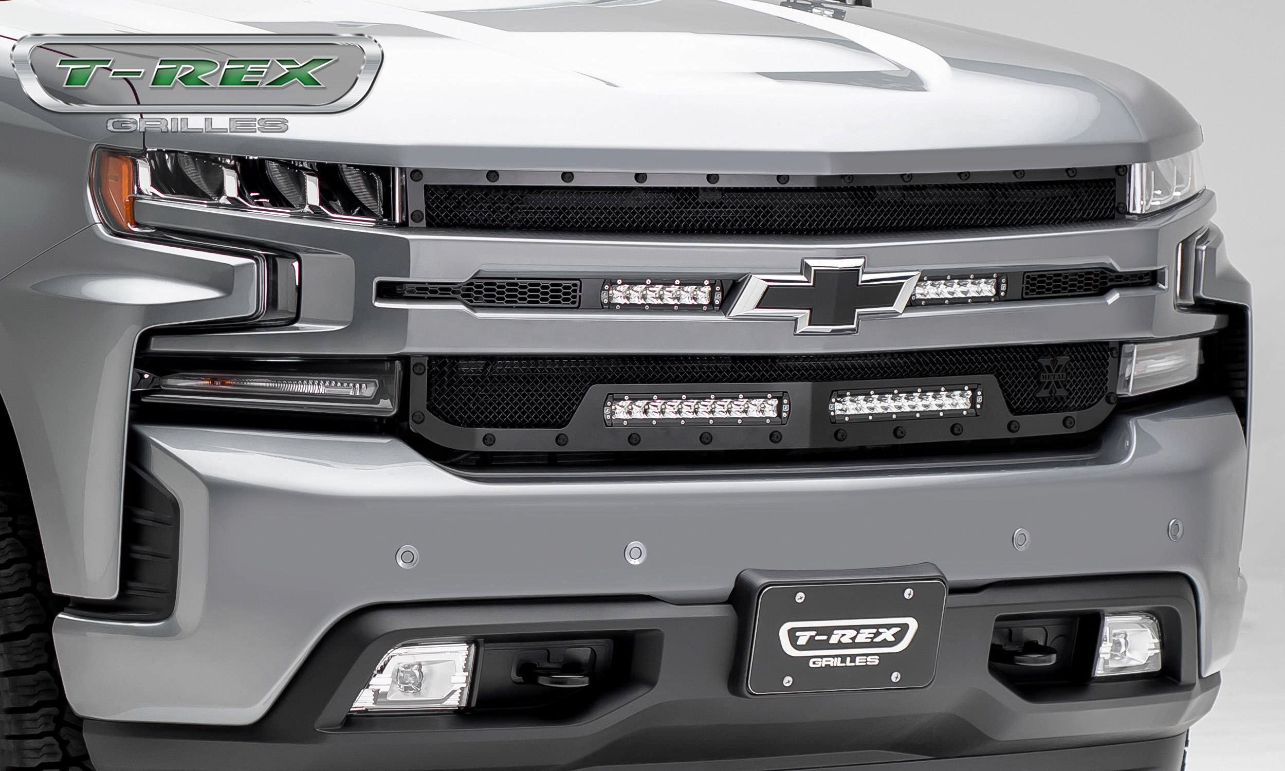 T-Rex Grilles Stealth Torch Grille 2019-2022 Silverado 1500, Black, 1 Pc, Replacement, Black Studs with (2) 6 Inch and (2) 10 Inch LEDs, Does Not Fit Vehicles with Camera - PN #6311261-BR