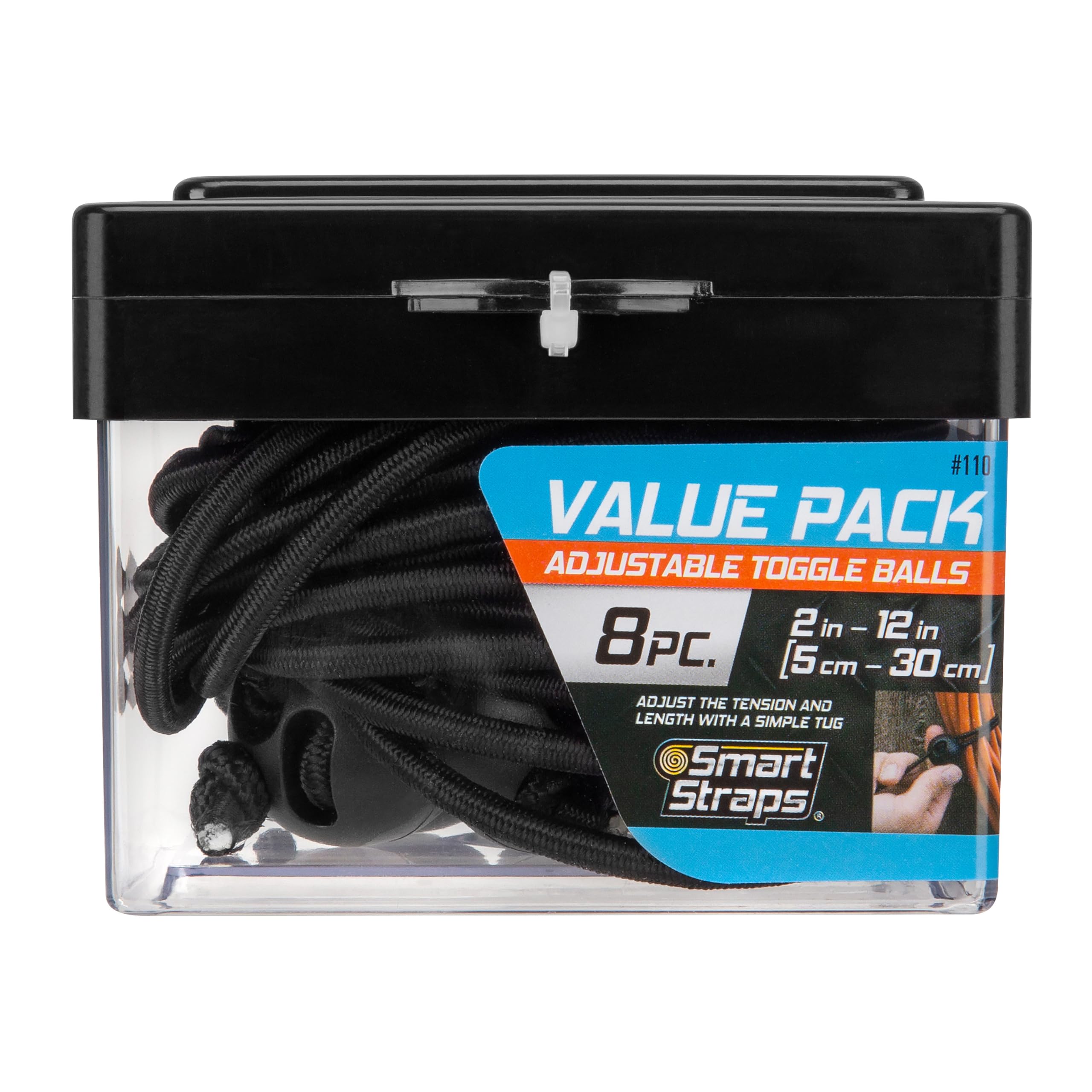 Adjustable SmartStraps Toggle Ball Bungee Cord, Adjust Tension And Length From 2-12” – Great To Keep In Your Car, Boat And Workshop (pack of 8)