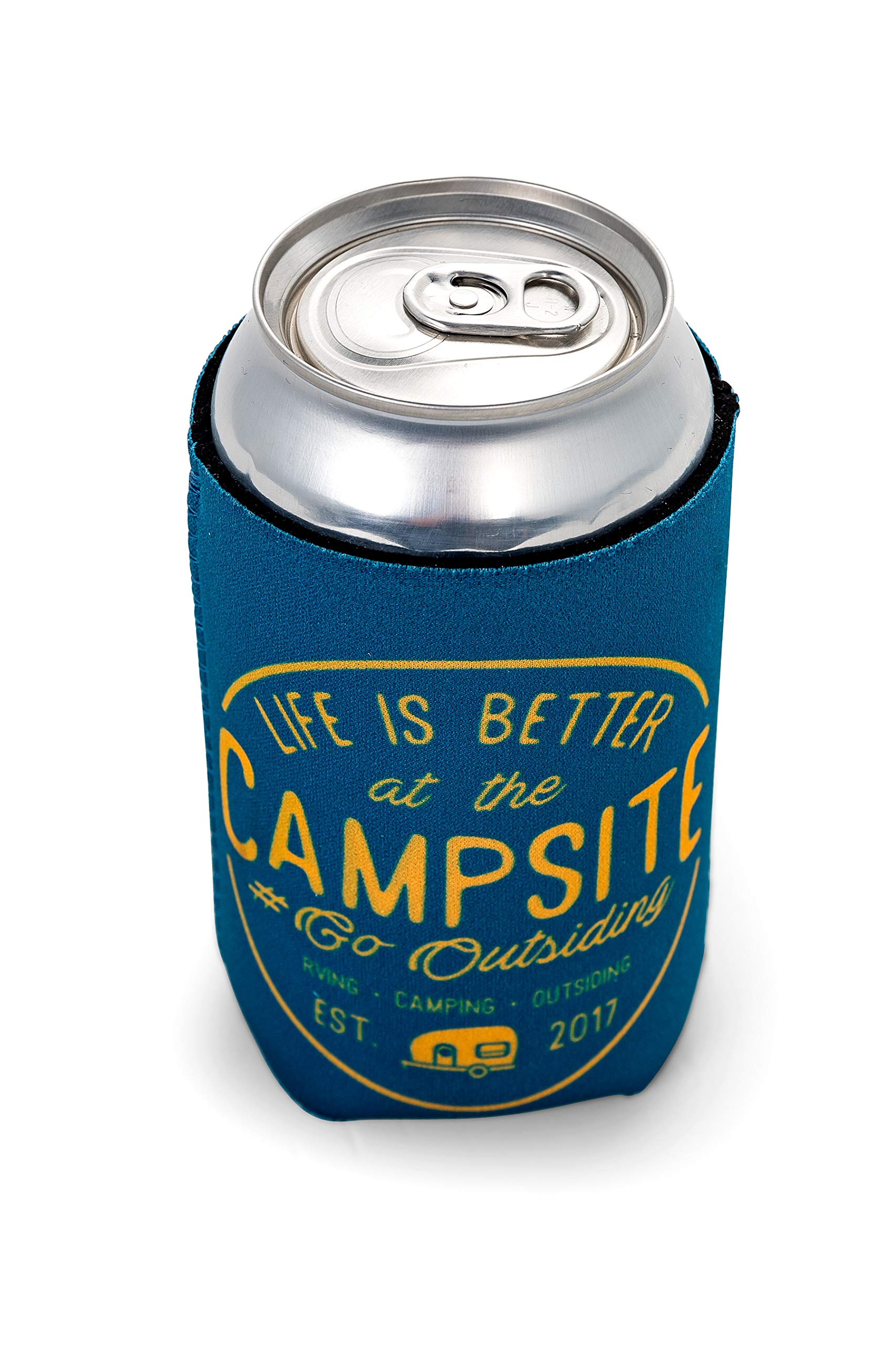 Camco Sleeve Life is Better at The Campsite – Neoprene Soda or Beer Coolie, Fits 12 oz. Cans, Navy Blue and Gold Seal – (53247)