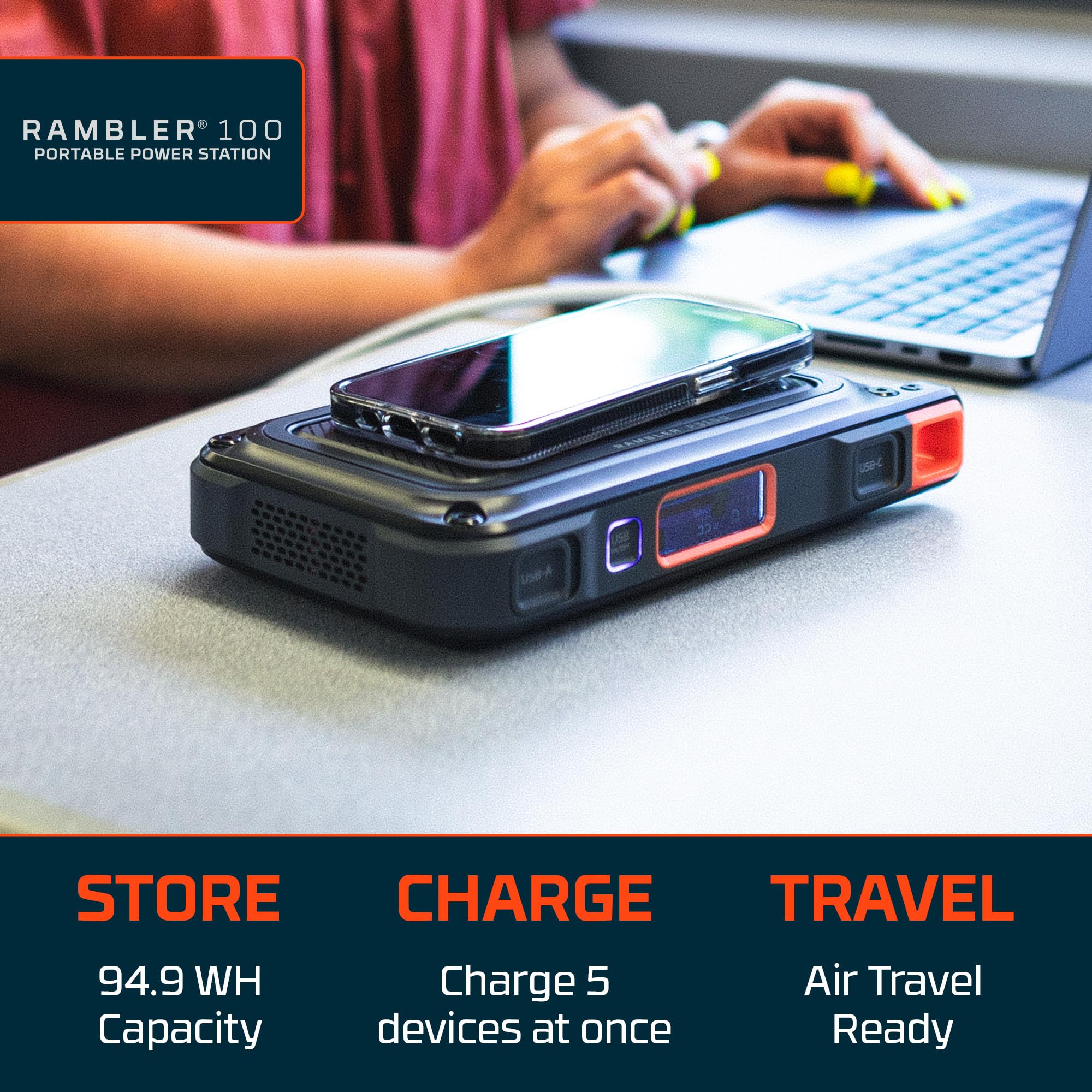 NEBO 100 RAMBLER Portable Power Station | 94.4Wh Capacity, 5-Way Output Charging, 100W AC Port Integration includes Power Inverter, Built-In Floodlight, TSA Approved