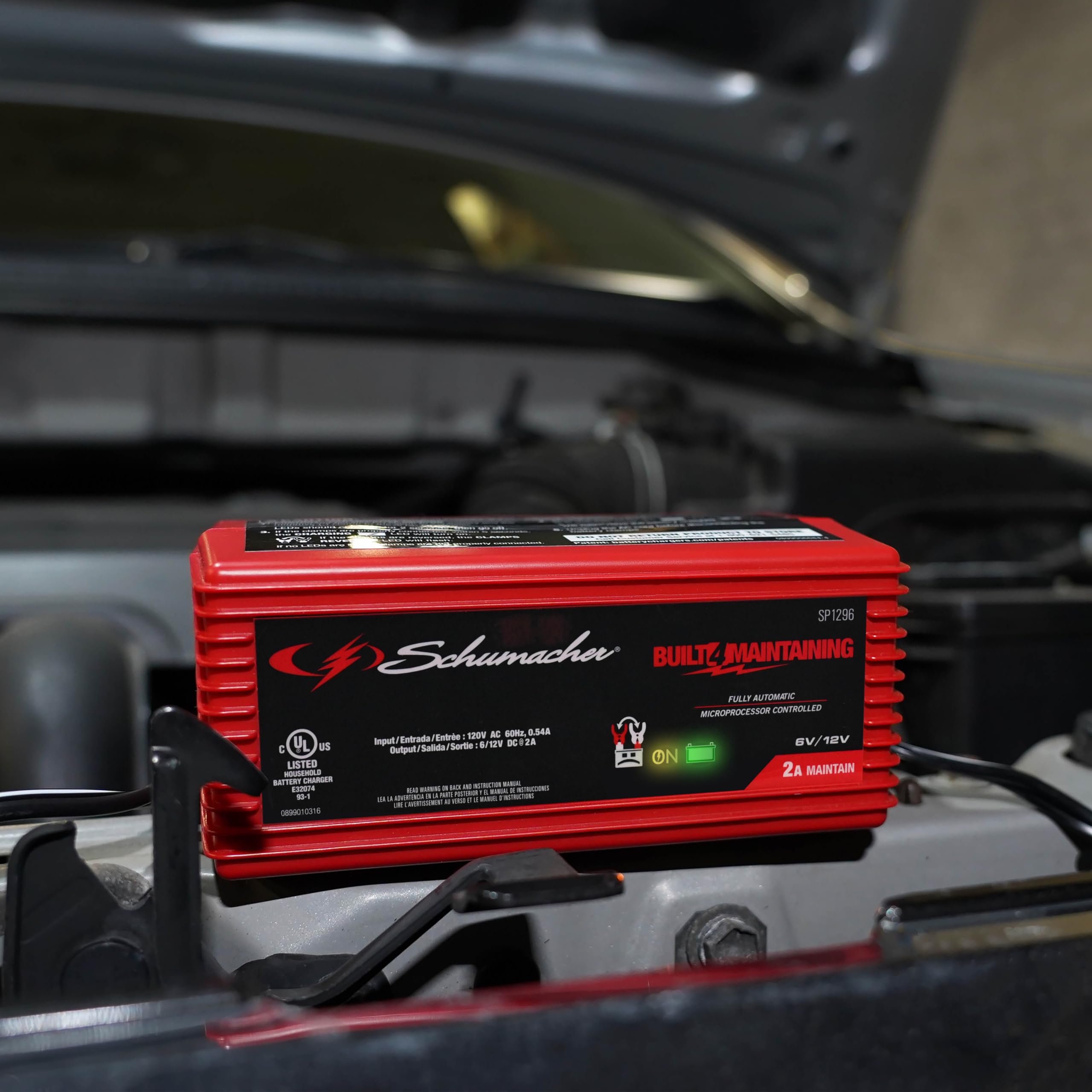 2A Schumacher Electric Car Battery Charger and Maintainer, 3-in-1 Solution, for 6V/12V Power Sport, Automotive, and Marine Batteries, SP1296