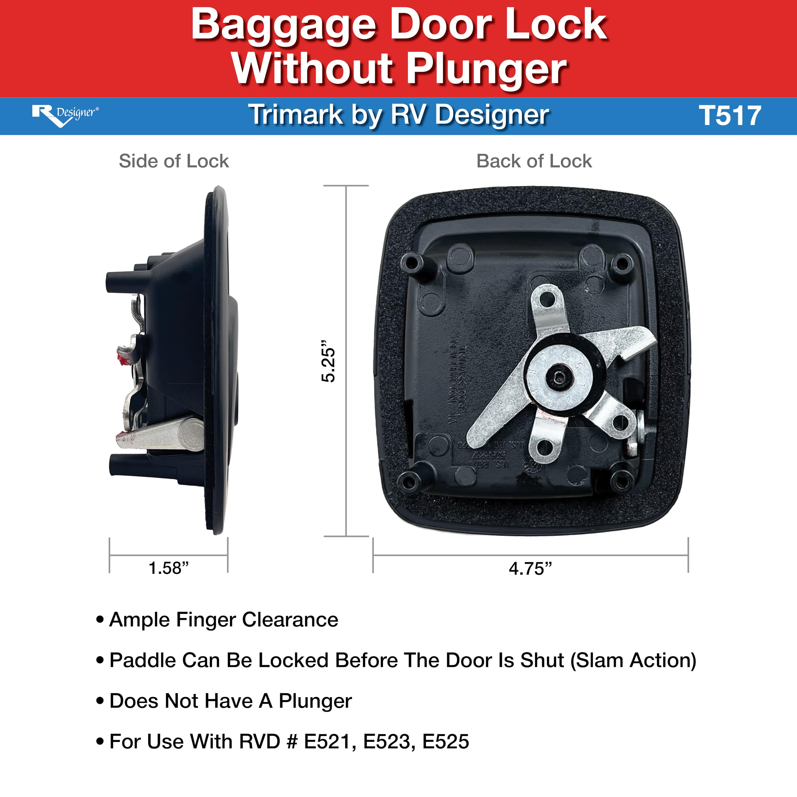 Baggage Door Lock RV Designer T517, Black-Without Plunger (Trimark 60-460)