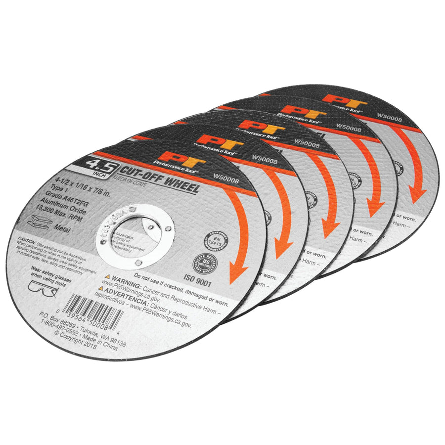 W50008 Performance Tool Premium 4.5-Inch Cut Off Wheel - Aluminum Oxide Grain, Fiberglass Reinforced, 13,300 RPM, ISO9001 Certified by MPA Hanover
