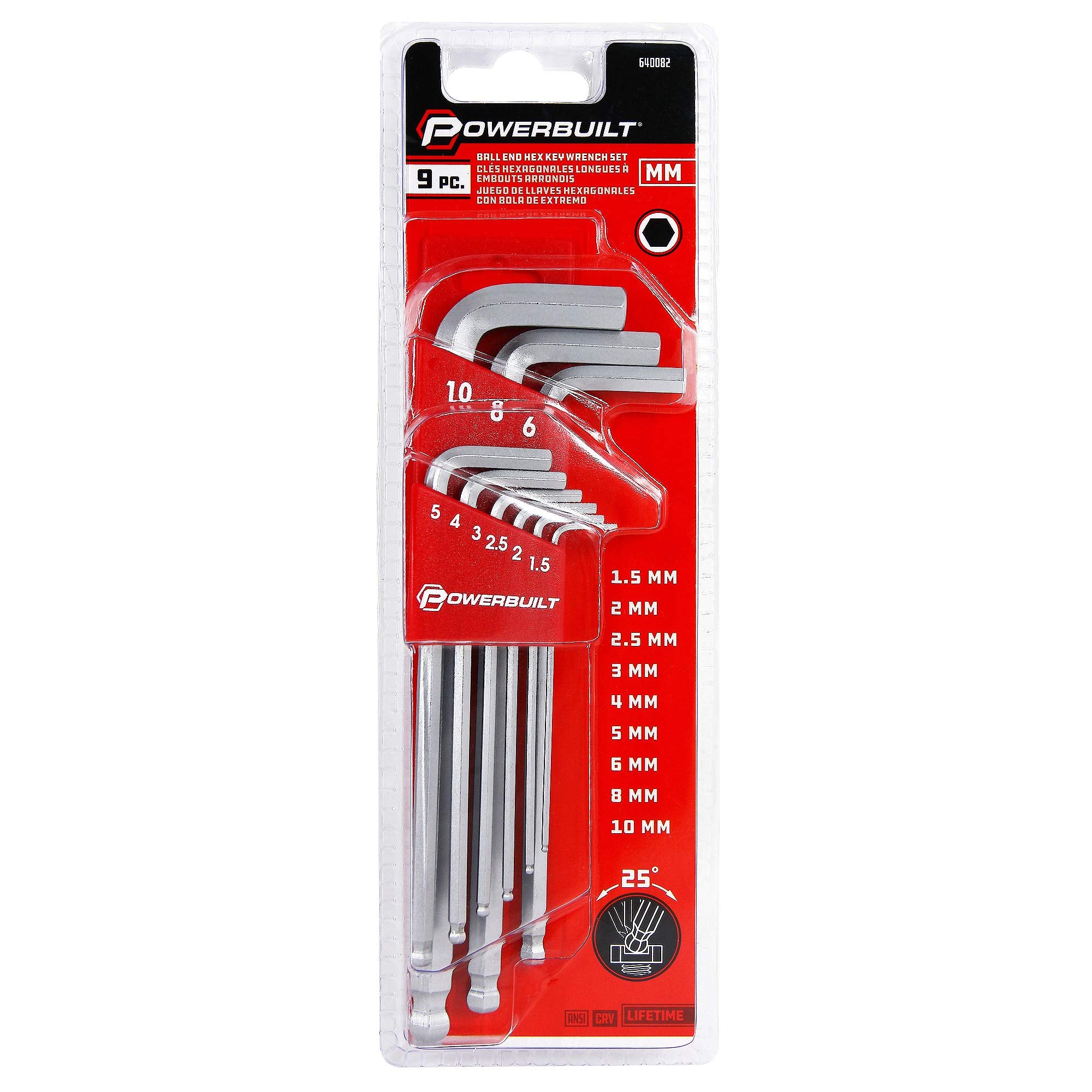 9-Piece Powerbuilt Long Arm Metric Hex Key Wrench Set, Sizes 1.5mm to 10mm, Ball End, Hardened Chrome-Vanadium Steel with Storage Rack – 640082