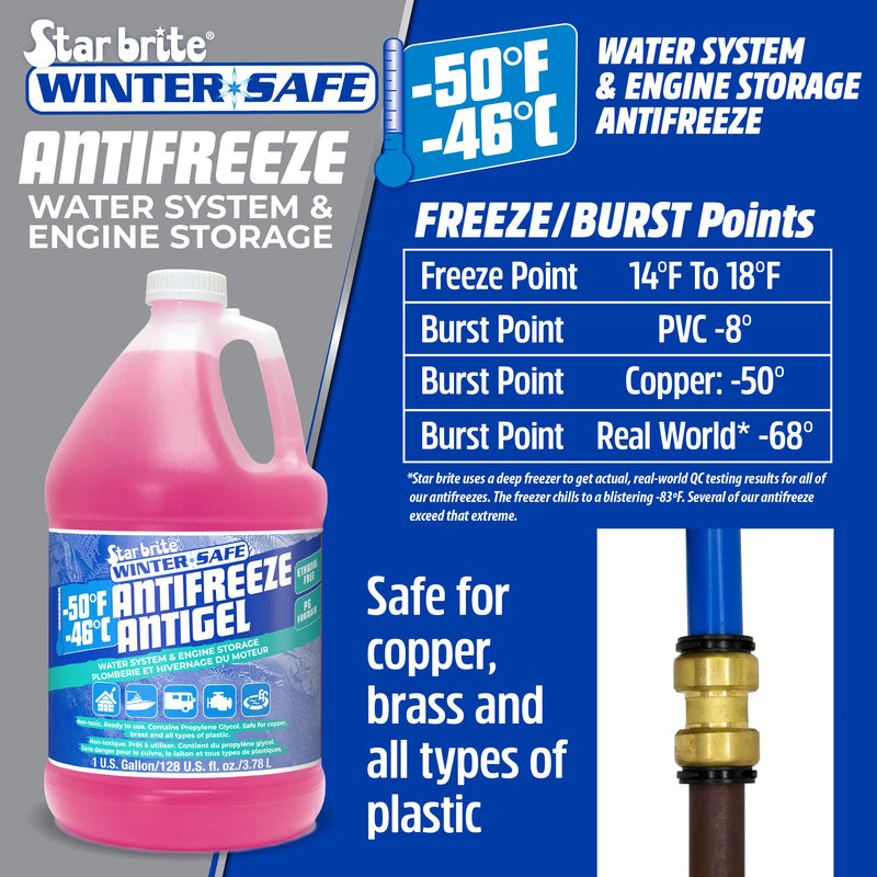 Non-Toxic STAR BRITE -50°F Winter Safe RV Marine Antifreeze, Water System and Engine Storage Solution, Ready-to-Use, Protects Down to -50 Degrees Fahrenheit