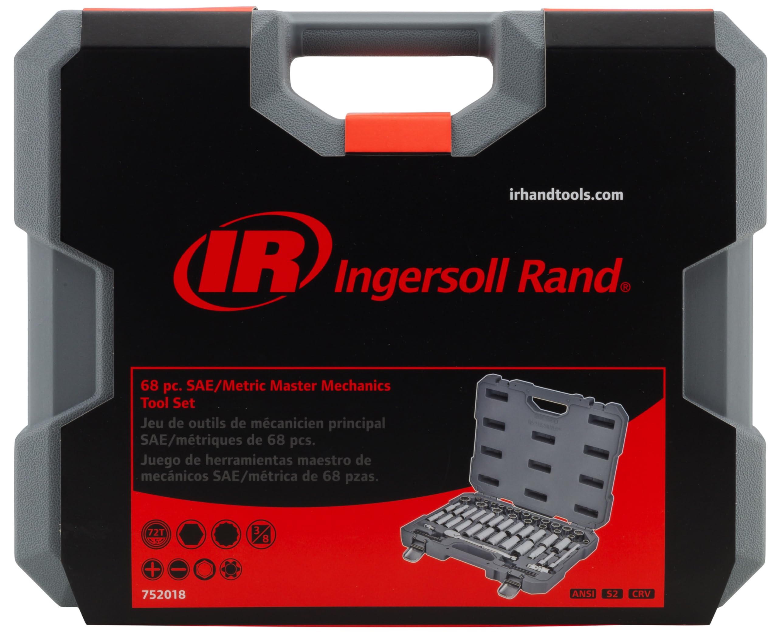 Ingersoll Rand 3/8-Inch Drive 68 Piece Metric/SAE Mechanics Tool Set, 72 Tooth Seal Headed Ratchet Handle, Chrome-Vanadium Steel Shallow/Deep Sockets, Universal Joint Socket - 752018