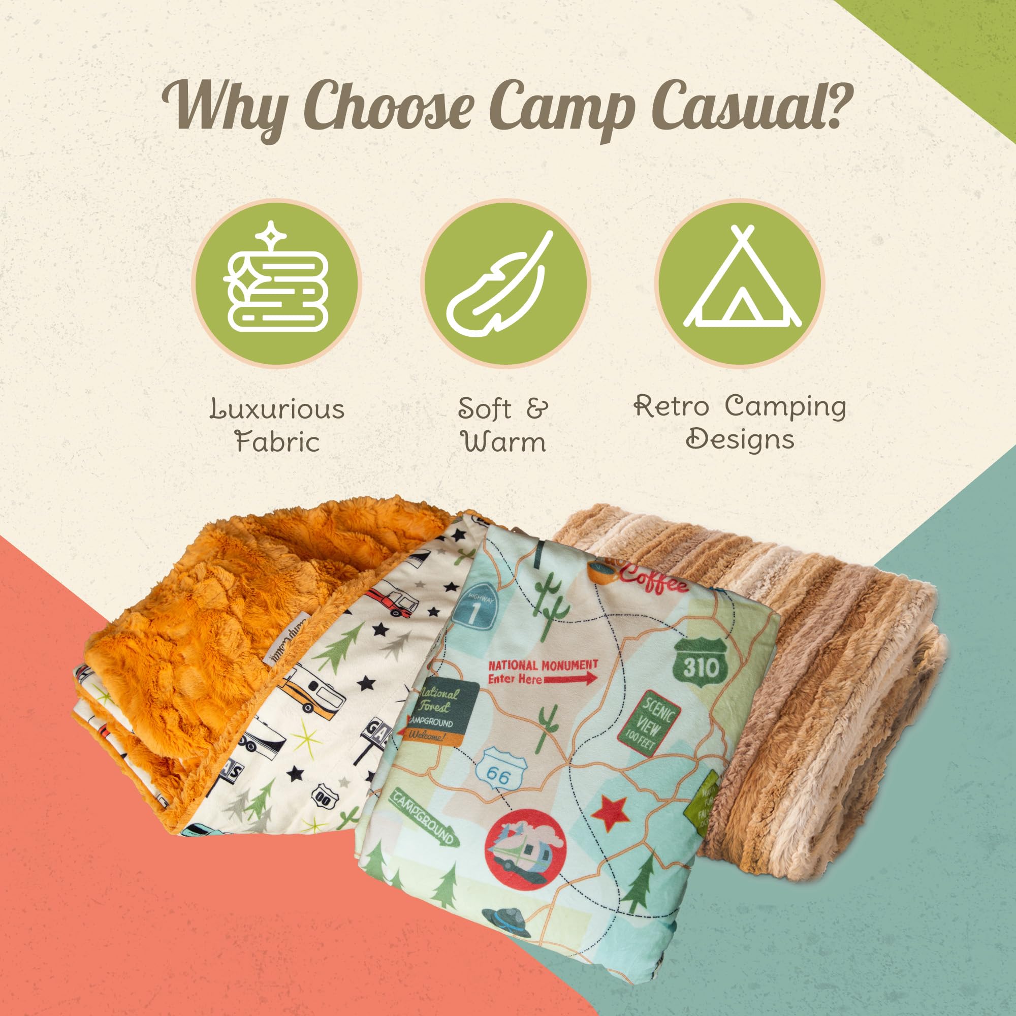 Camping Throw Blanket - Plush Reversible Blanket for Indoor & Outdoor Settings - Machine Washable Soft Camping Blanket - 100% Polyester Cozy Blanket with Retro-Inspired Patterns, Camp Casual