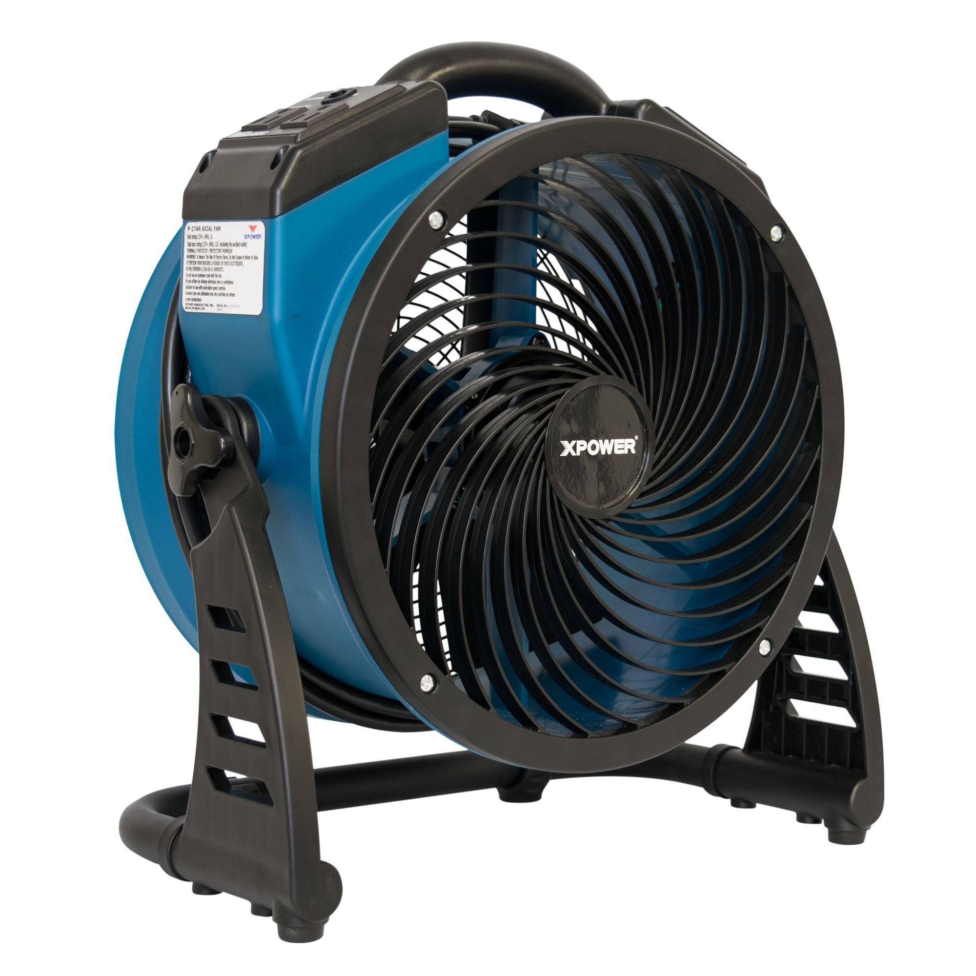 Industrial Axial Air Mover XPOWER P-26AR, Blower, Fan with Build-in Power Outlets for Water Damage Restoration, Home and Plumbing Use - 1 Amp, 1300 CFM, 4 Speeds , Blue