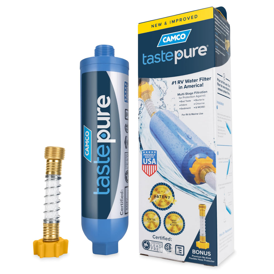 Camco RV Water Filter Tastepure - Advanced Inline Water Filter with Flexible Hose Protector - GAC & KDF Filtration - Made in USA - Camping Essentials for Fresh Drinking Water (40043)