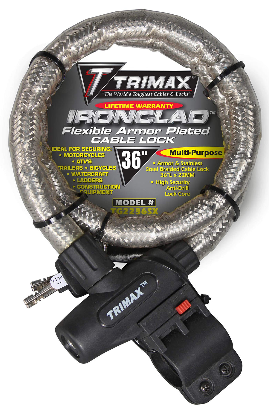 Trimax High Security TG2236SX Armor Plated Stainless Steel Locking Cable (36" Length x 22mm) with Quick Release Tubular Mounting Bracket