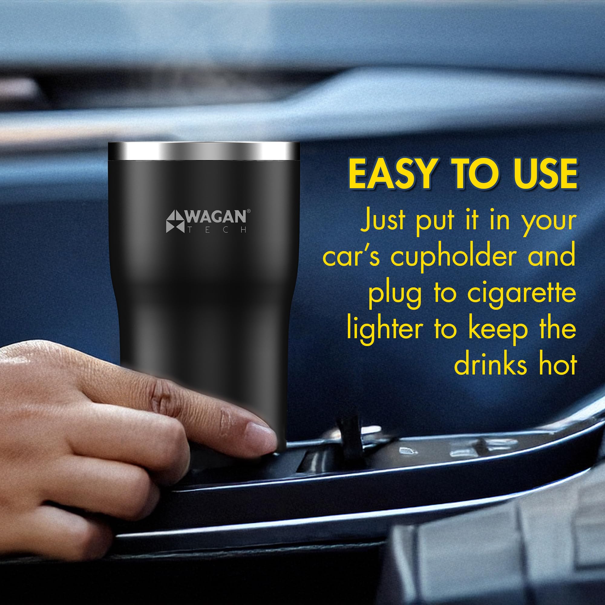 Wagan 12V Travel Car Heated Mug Portable 16oz Stainless Steel Anti-Spill Lid Slip Resistant Base Car Coffee Warmer Coffee Cup USB–C PD20W 12V DC (Black)