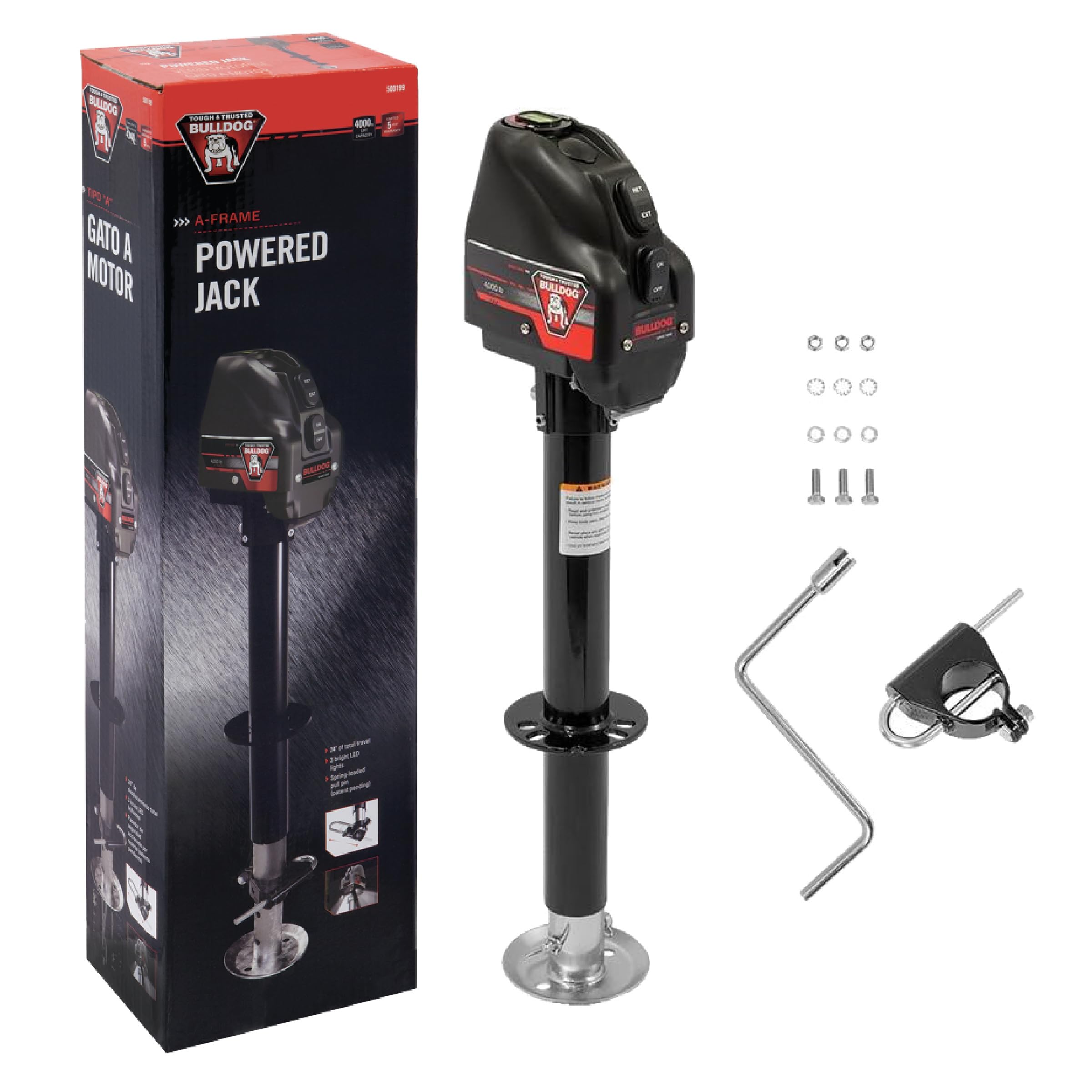 500199 Bulldog Powered Drive A-Frame Electric Trailer Jack for Boat Trailers, 4,000 lbs. Capacity, Power Tongue Jack with Spring Loaded Pull Pin for 22 Inches of Total Travel, 3 Onboard LED Lights