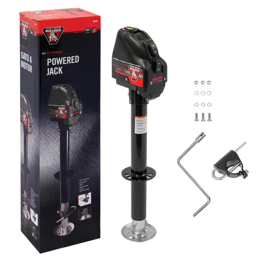 500199 Bulldog Powered Drive A-Frame Electric Trailer Jack for Boat Trailers, 4,000 lbs. Capacity, Power Tongue Jack with Spring Loaded Pull Pin for 22 Inches of Total Travel, 3 Onboard LED Lights
