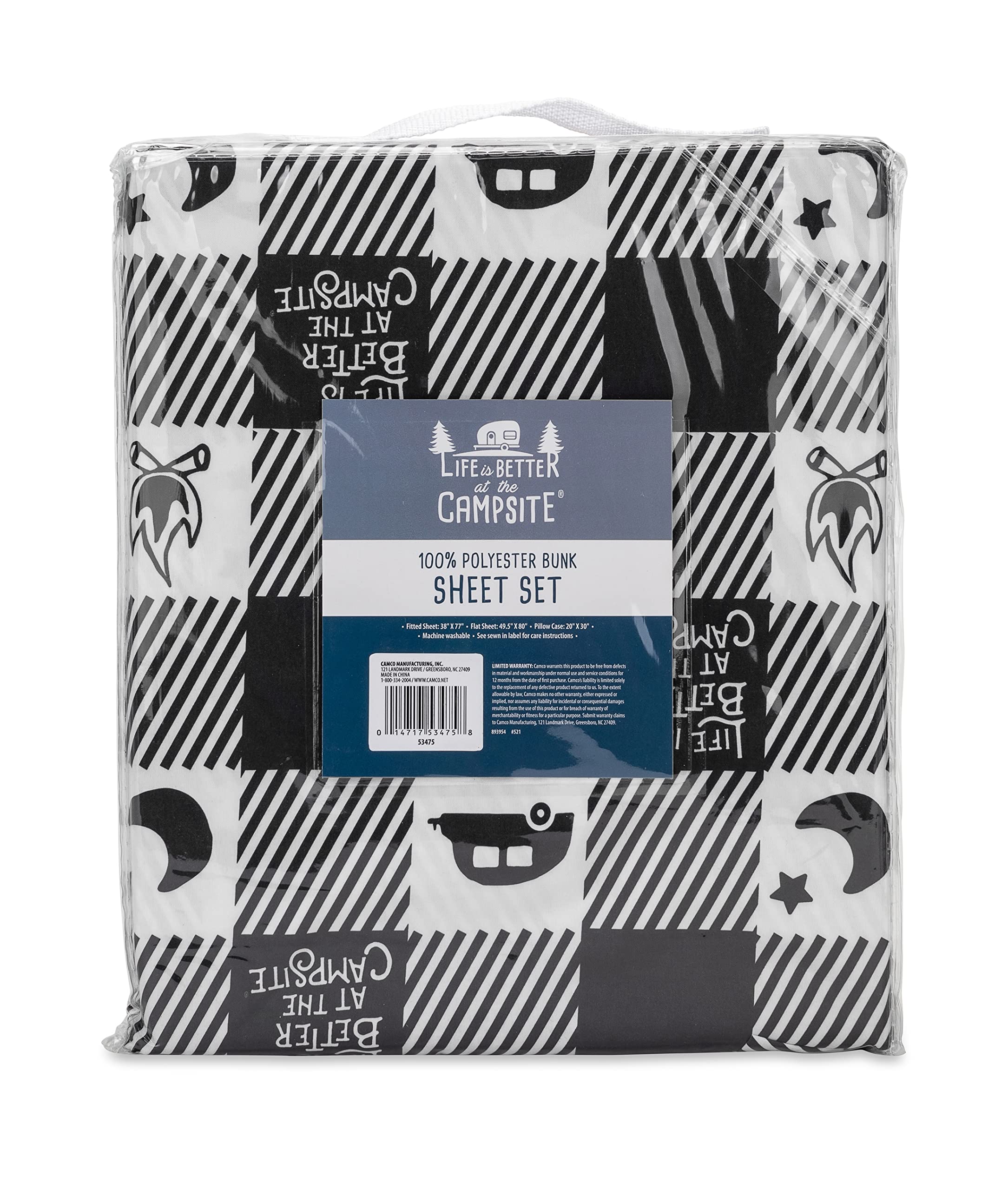 Camco Bunk Sized Bed Sheets at The Campsite Life is Better Camper/RV | Features Camping Theme Design on Buffalo Plaid Pattern | Crafted of Soft Machine Washable Polyester | 3-Piece Set (53475)