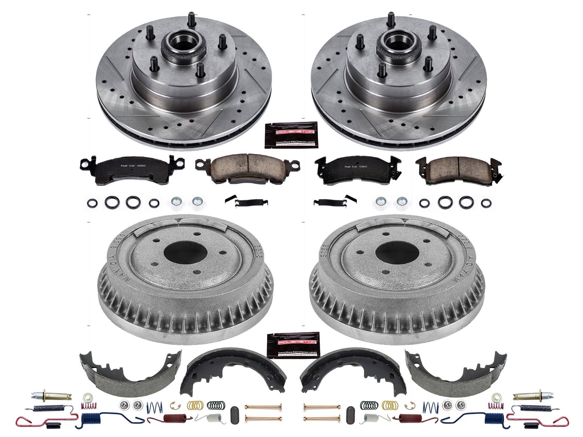 Power Stop K15024DK Z23 Carbon Fiber Brake Pads Front and Rear with Drilled & Slotted Brake Drums Kit