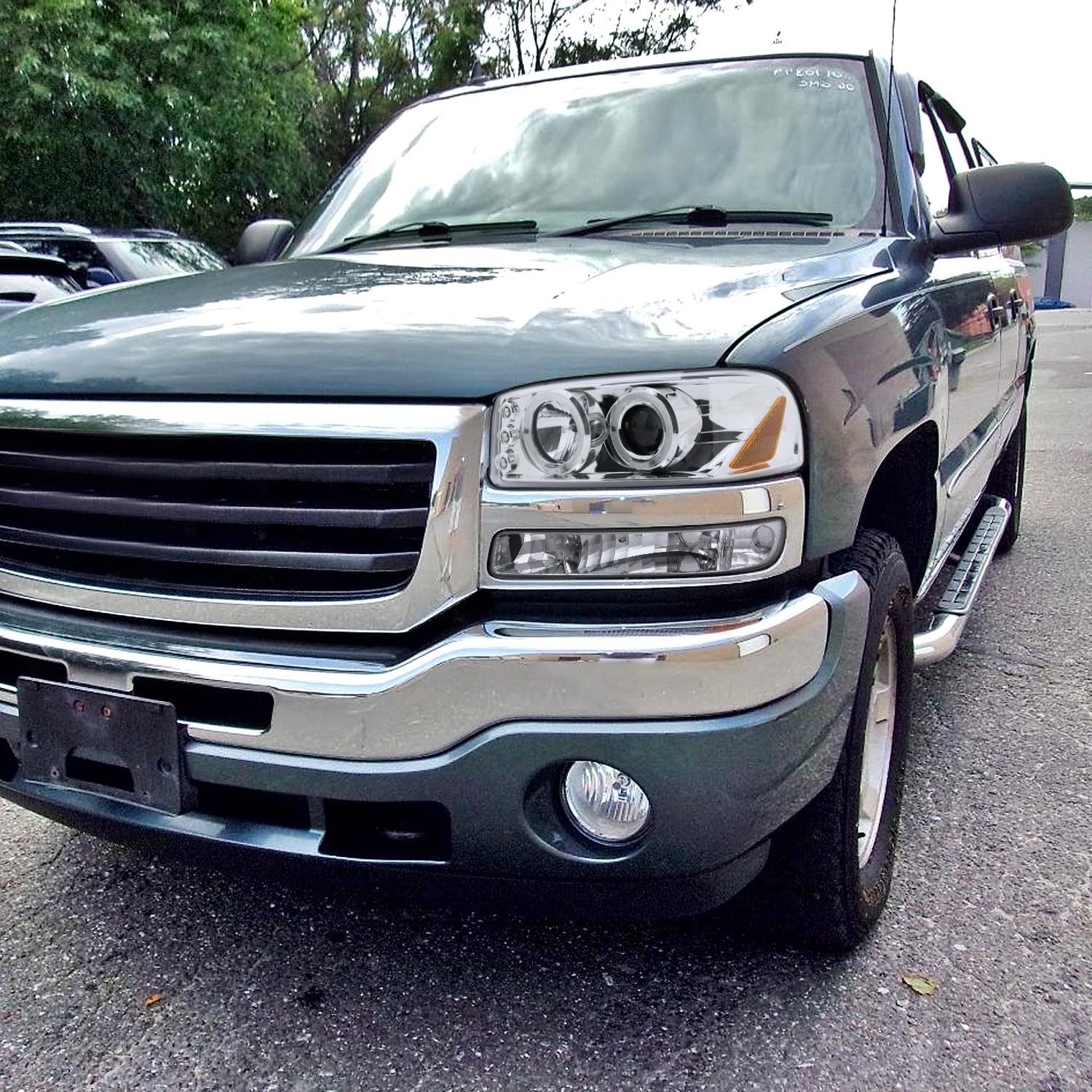 Chrome LED Halo Projector Headlights + Bumper Lights SPEC-D TUNING Compatible with 1999-2006 GMC Sierra 1500/2500/3500, Left + Right Pair Headlamps Assembly