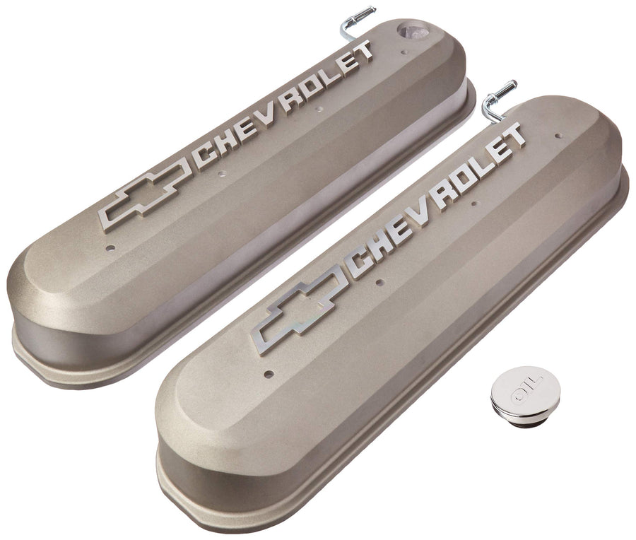 ProForm LS Slant-Edge Valve Cover, Tall, Baffled, PCV Tube, Raised Chevrolet Bowtie Logo, Hardware Included, Aluminum, Gray, GM LS-Series, Pair