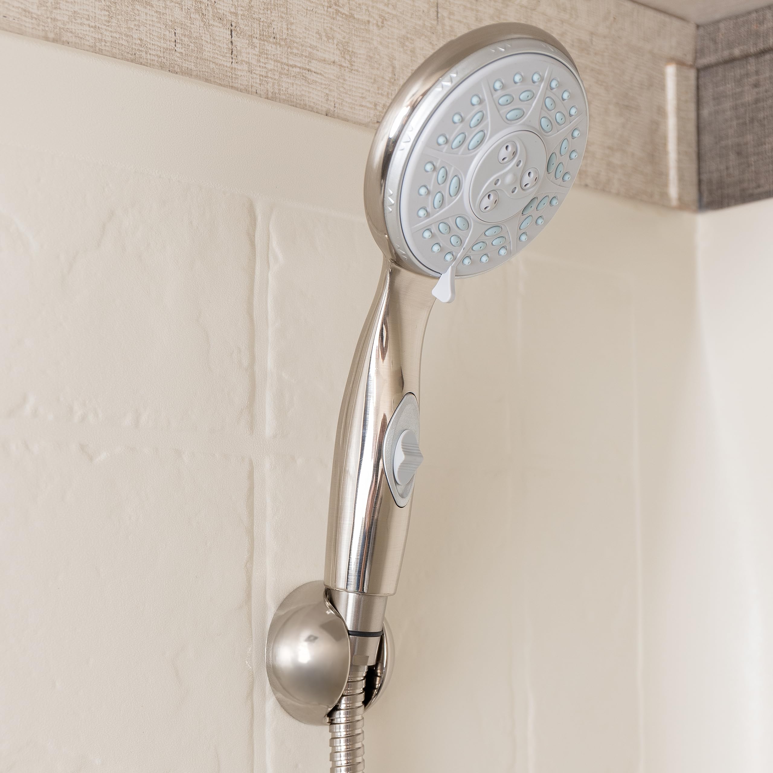 Shower Head Camco RV/Marine | Features Convenient On/Off Switch for Water Efficient Showers | 5 Spray Patterns | Brushed Nickel (43746)