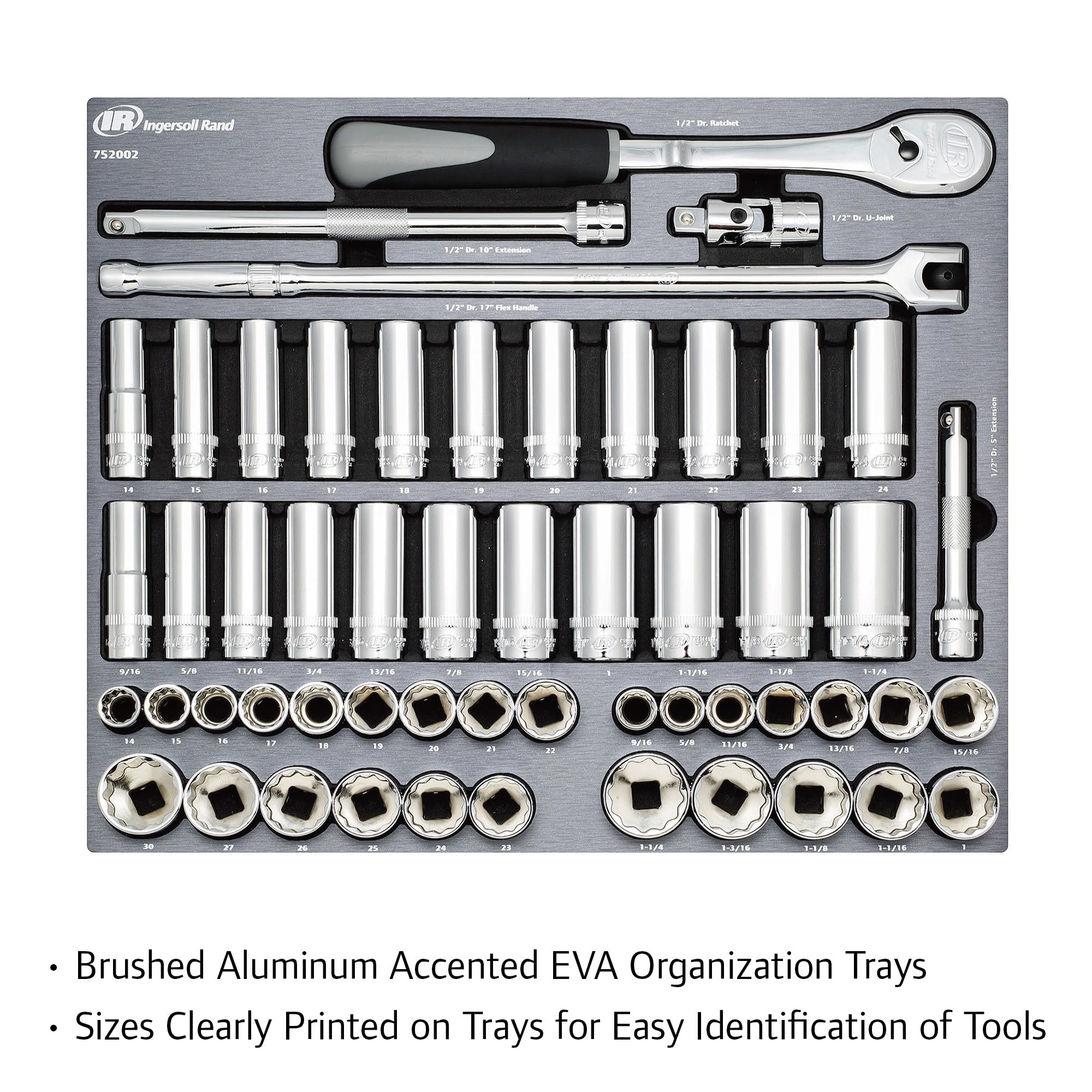 Ingersoll Rand 1/2 in. Drive SAE/Metric 54-Piece Master Socket and Accessory Set – Mirror-Polished Chrome Vanadium Steel, 90-Tooth Ratchet, EVA Tray with Size Markings – 752002