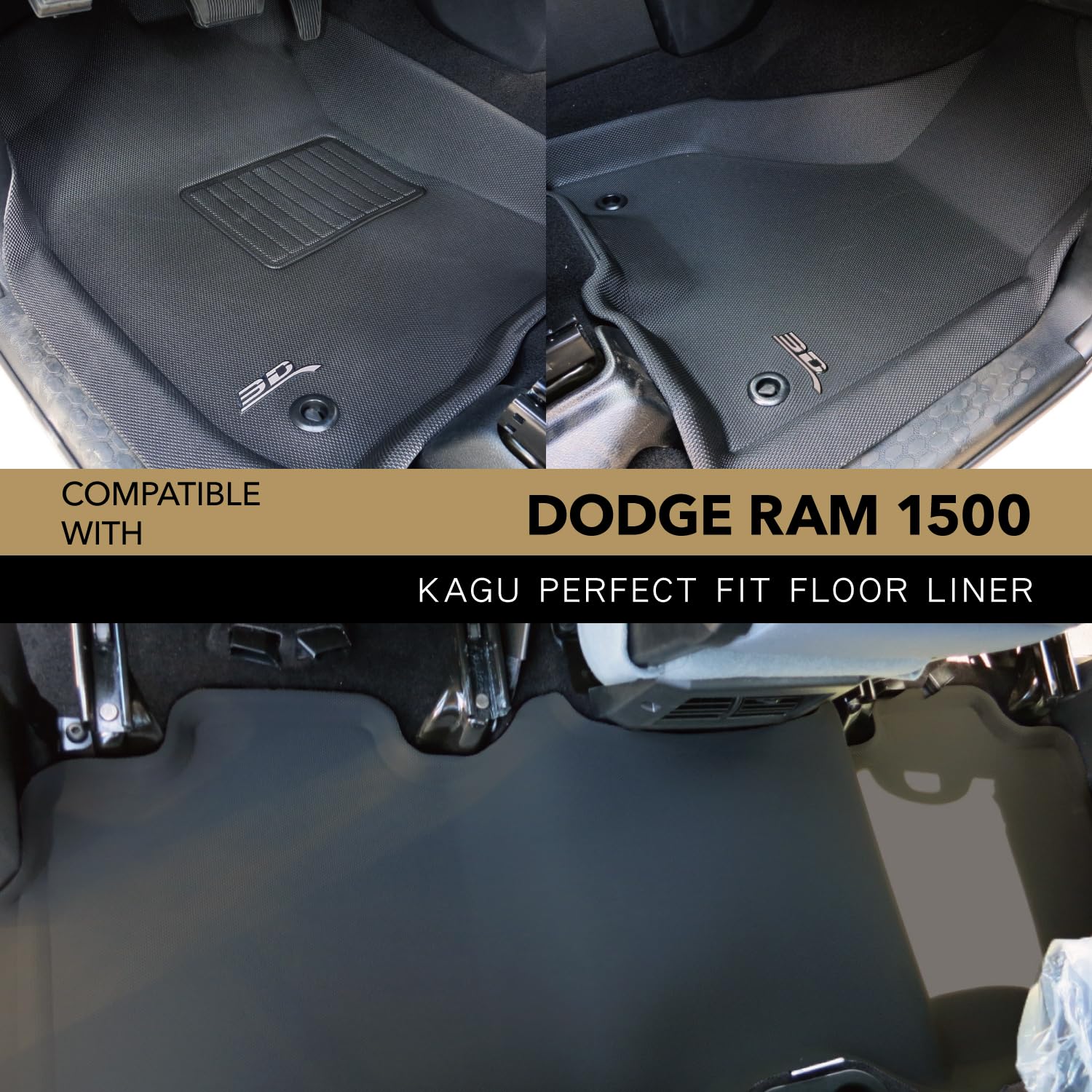 3D MAXpider Floor Mat Kagu (Black) Compatible with Dodge Ram 1500 Crew Cab/2500/3500 Crew/Mega Cab 2012-2018/1500 Classic Crew Cab 2019-2024 -Full Set