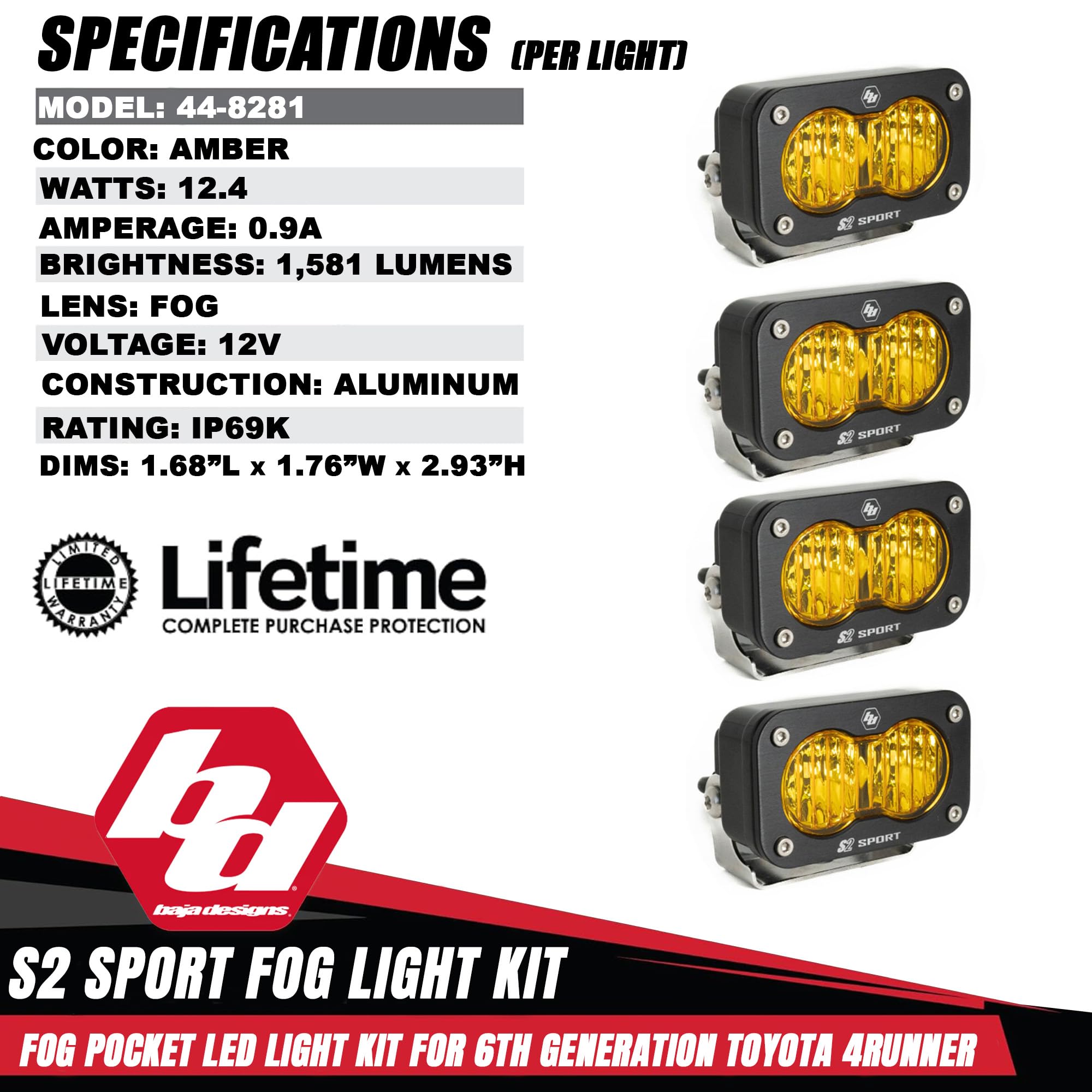 Baja Designs S2 Sport LED Fog Light Kit for 4Runner Toyota 2025+ (Non-TRD Pro) - Street Legal, 4 PCS LED with Mounting Brackets, Adapter Harness - OEM Switch Compatible (Wide Cornering; Baja Amber)
