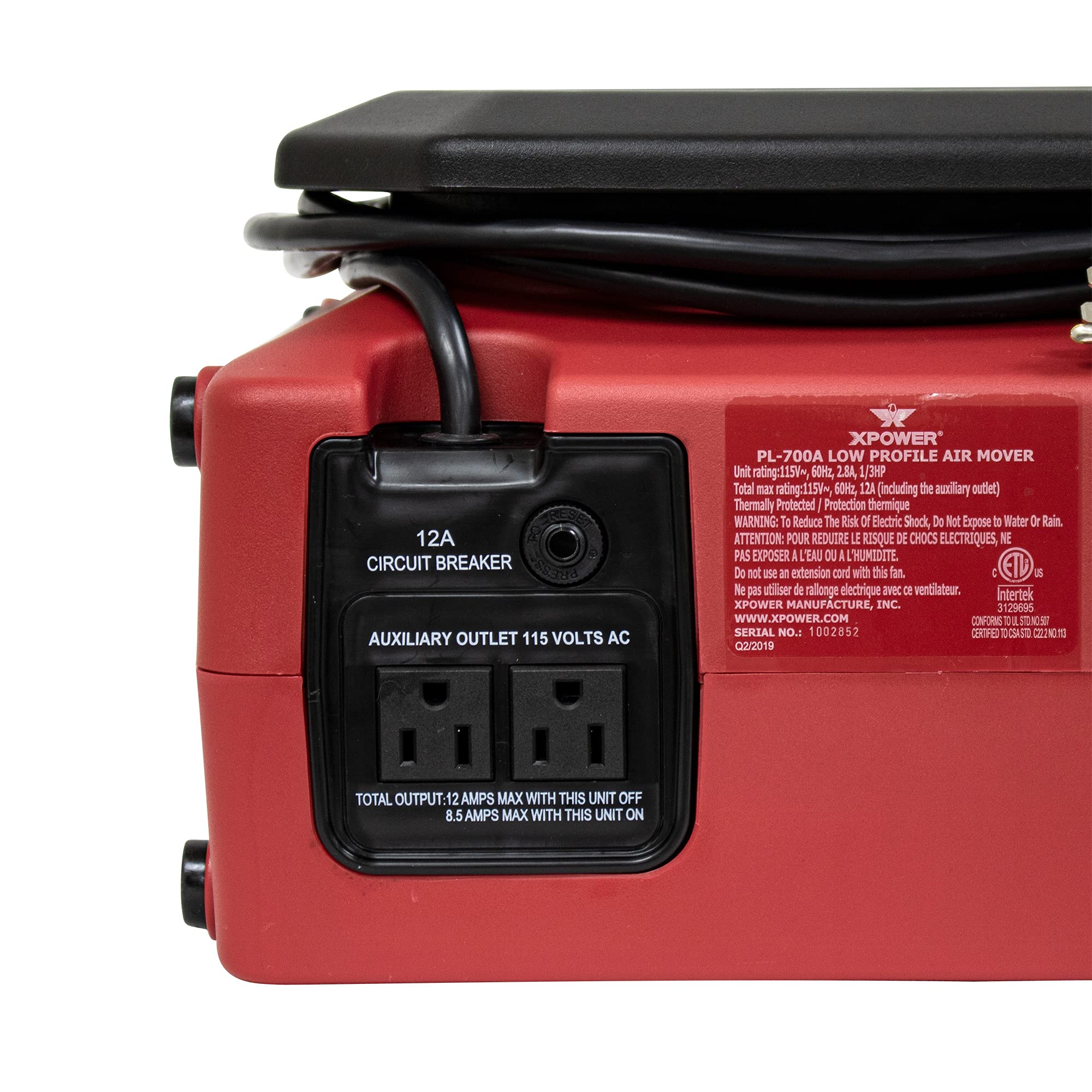 Low Profile XPOWER PL-700A Air Mover, Floor Fan, Carpet Dryer, Blower with Power Outlets for Water Damage Restoration, Commercial Cleaning and Plumbing Use - 1/3 HP, 1050 CFM, 3 Speeds, Red