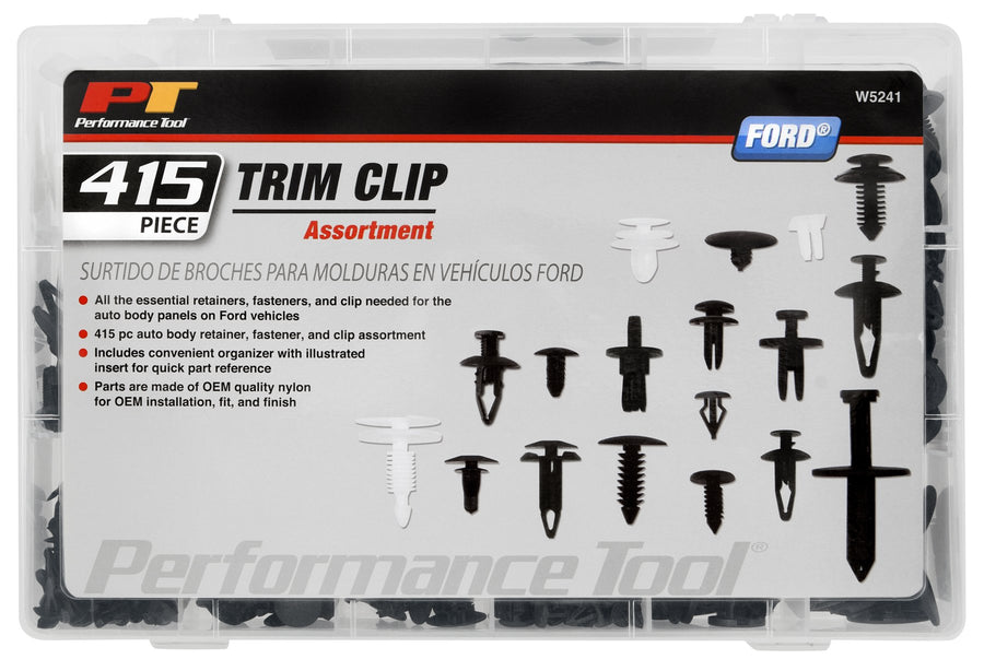 W5241 Performance Tool 415pc Ford Trim Clip Assortment | Trim Clips for Doors, Bumpers, Paneling & More | Most Popular Sizes for Ford | Includes Case & Picture Insert for Quick Part Identification