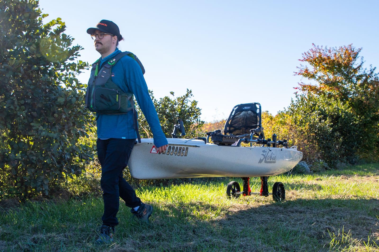 TowNStow YakAttack Scupper Kayak Cart | Collapsible with Extra Fore & AFT Hull Support | Adjustable 5.5" - 14.5" Wide | Dual Kick-Away Stands | 3-Piece BeadLoc Wheel Design & Rubber Tread | USA Made