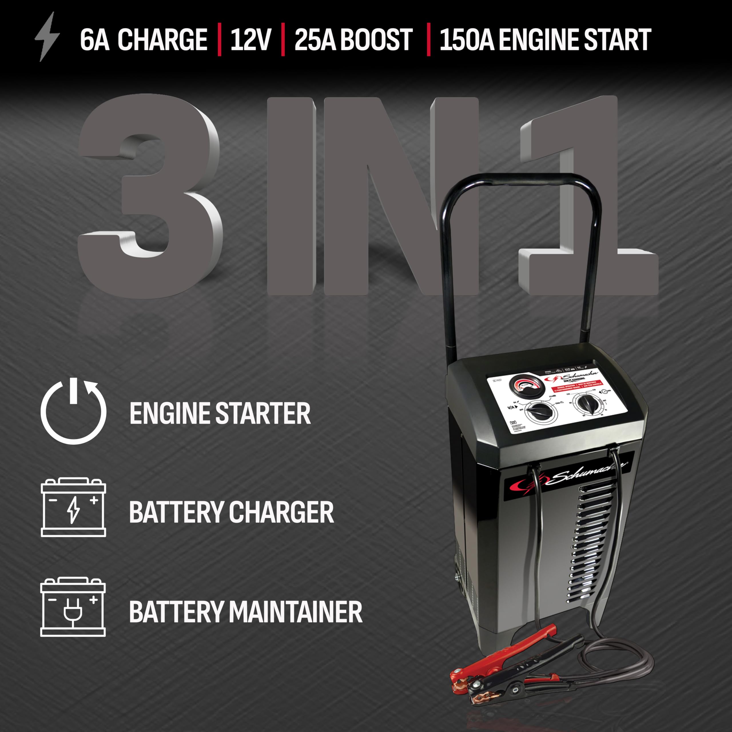 Schumacher Electric 6A Wheeled Manual Car Battery Charger and 150A Engine Starter, 2-in-1 Solution, 25A Boost, for 12V Power Sport, Automotive, and Marine Batteries, SC1437