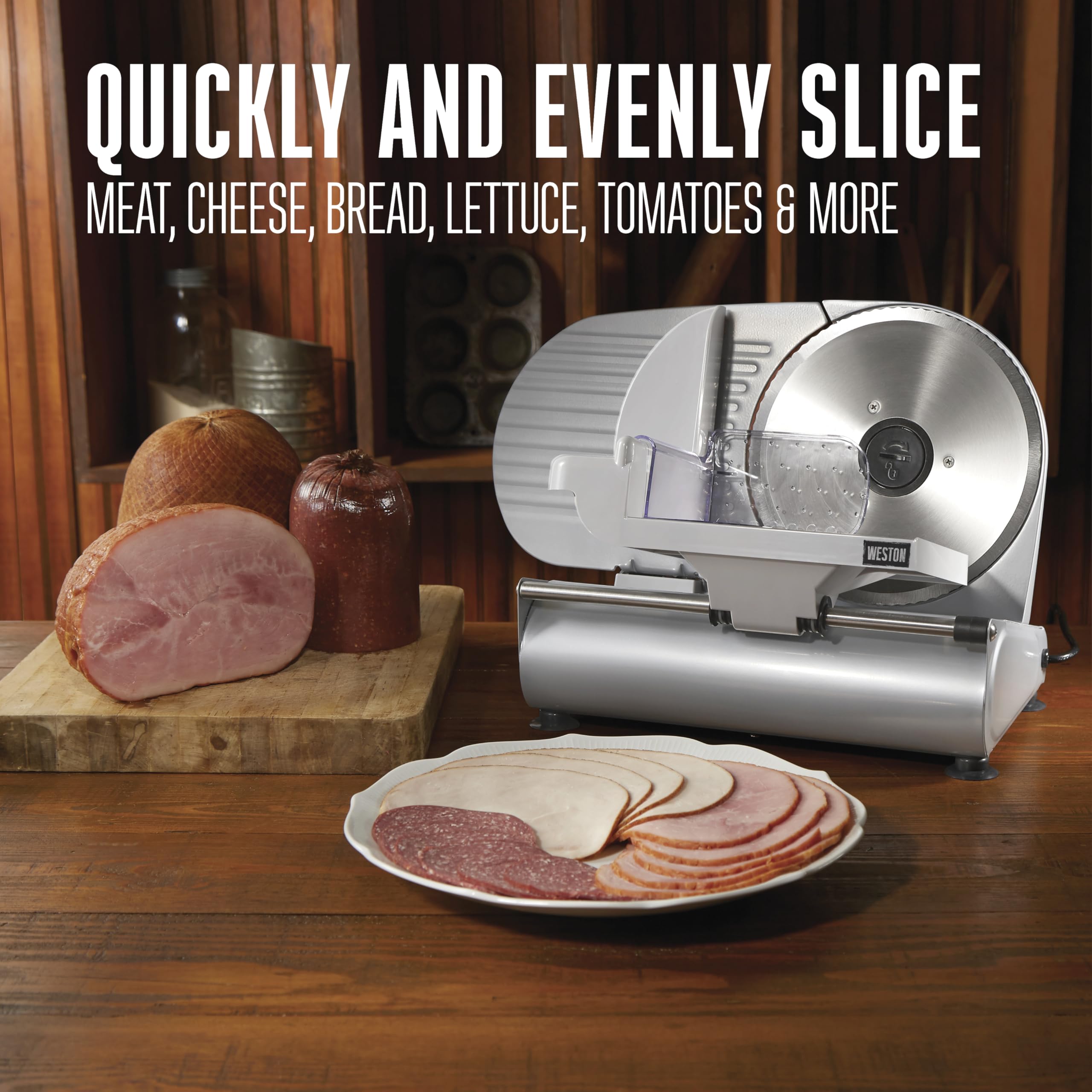 Electric Weston Meat Cutting Machine, Deli & Food Slicer, Adjustable Slice Thickness, Non-Slip Suction Feet, Removable 9” Stainless Steel Blade, Easy to Clean