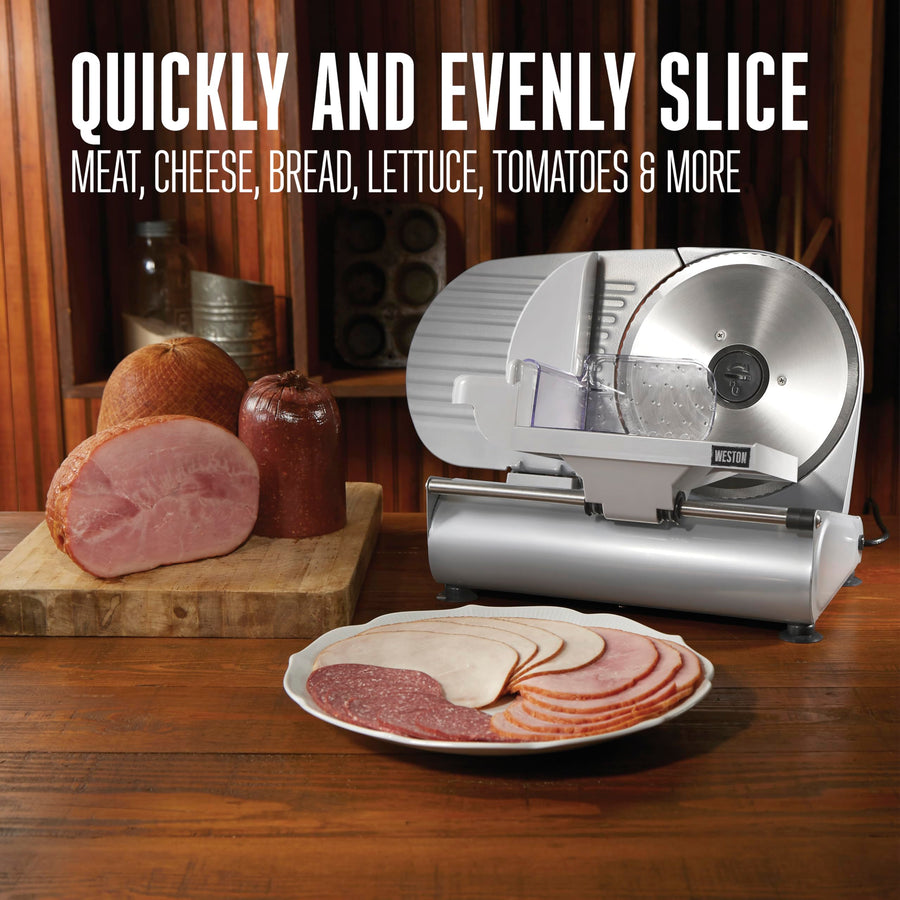 Electric Weston Meat Cutting Machine, Deli & Food Slicer, Adjustable Slice Thickness, Non-Slip Suction Feet, Removable 9” Stainless Steel Blade, Easy to Clean