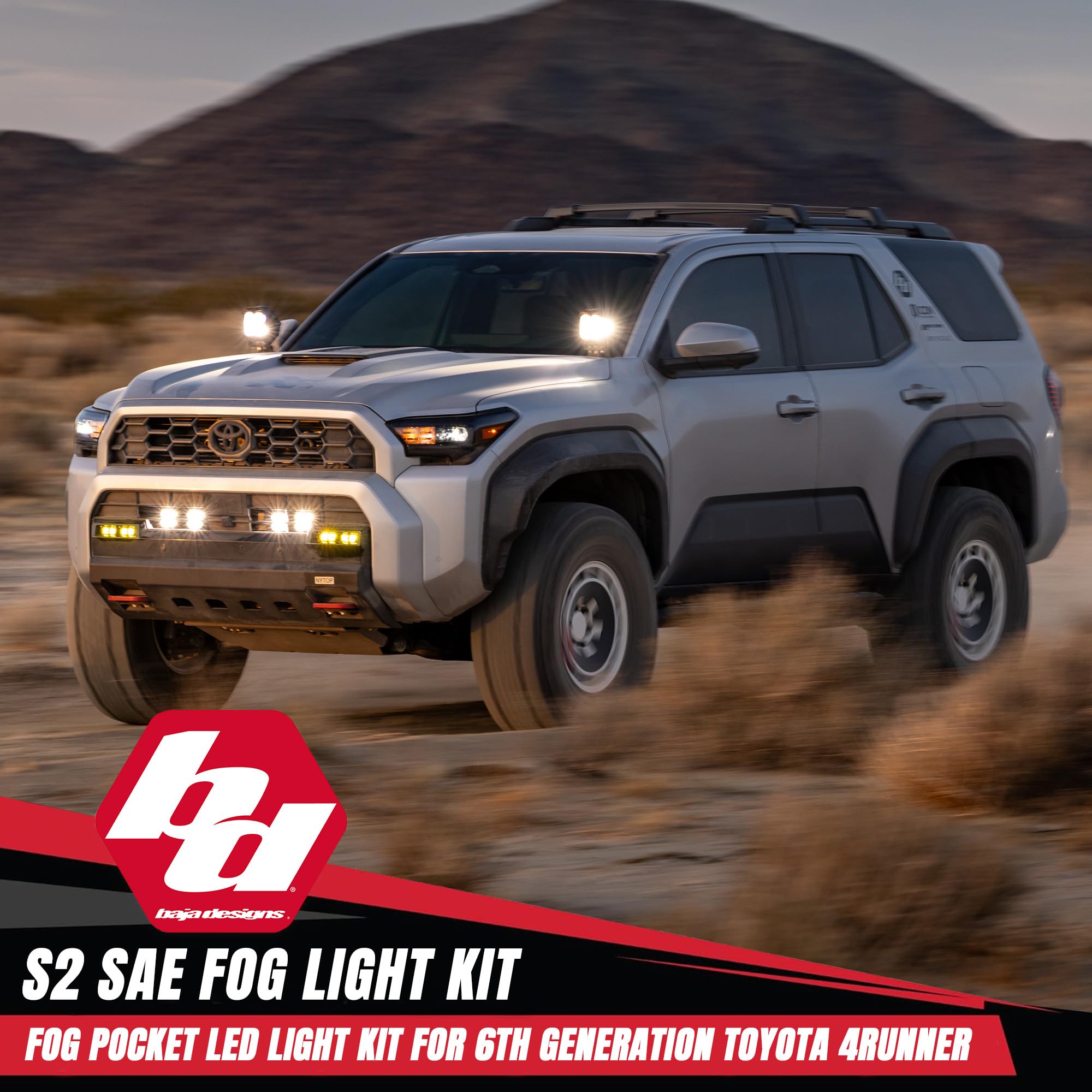 Baja Designs S2 LED Fog Light Kit SAE for Toyota 4Runner 2025+ (Non-TRD Pro) - Street Legal, 4 PCS LED with Mounting Brackets, Adapter Harness - OEM Switch Compatible (SAE Spot Lens; Baja Amber)