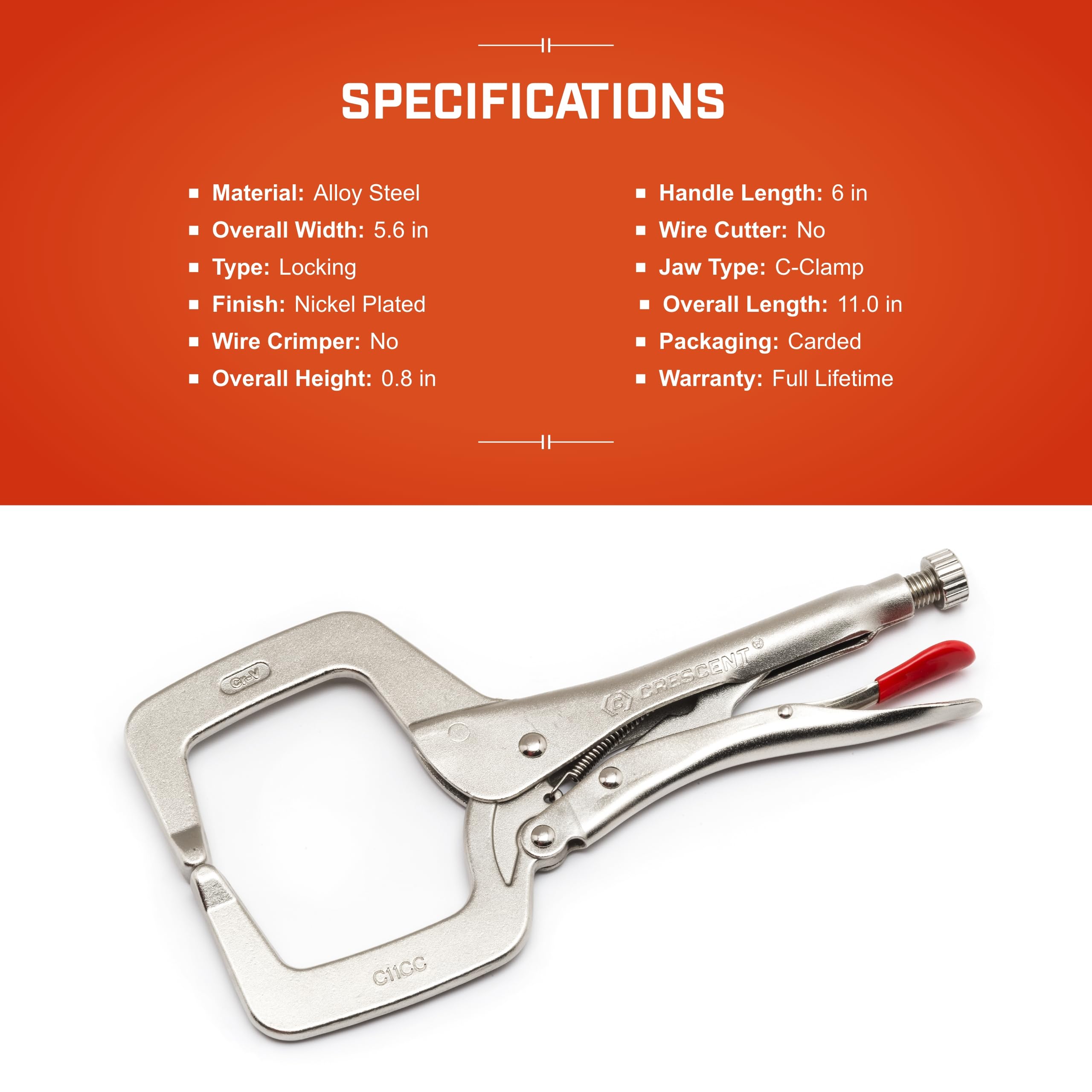 Crescent C-Clamp Locking with Swivel Pad Tips - Heavy-Duty Adjustable Clamp with Hex Key Recess & Compound Action - C11CCSVN - 11", Red