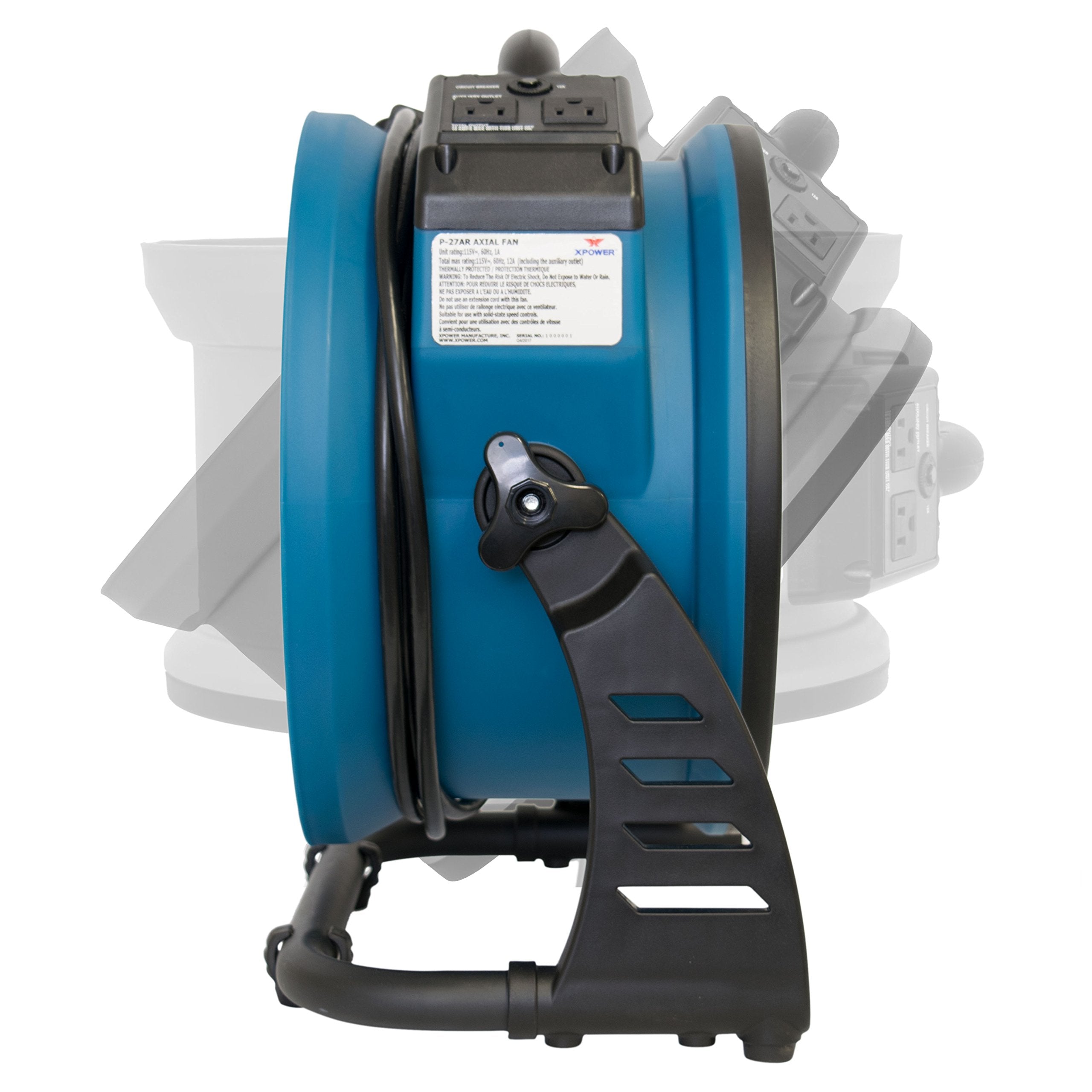Industrial Axial Air Mover XPOWER P-26AR, Blower, Fan with Build-in Power Outlets for Water Damage Restoration, Home and Plumbing Use - 1 Amp, 1300 CFM, 4 Speeds , Blue