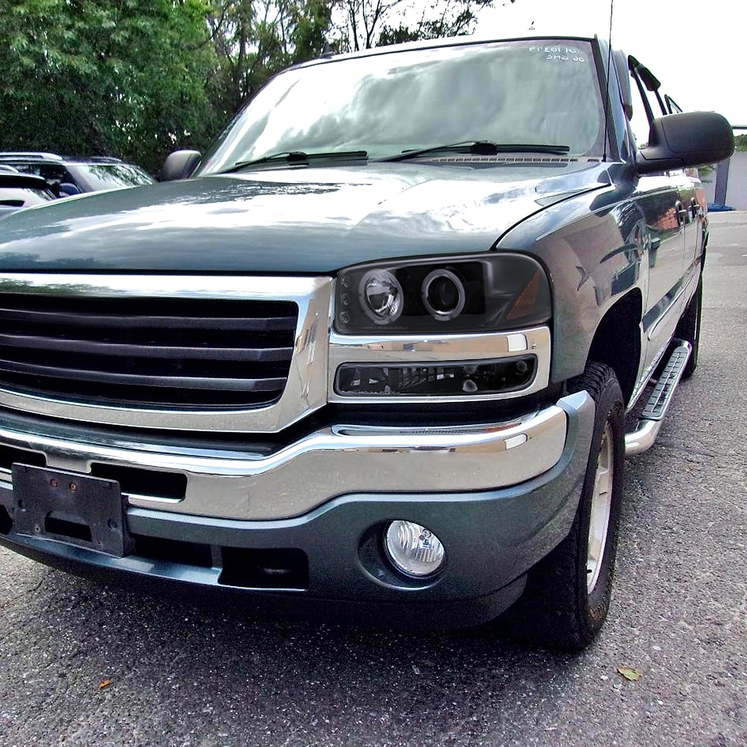Black Smoke LED Halo Projector Headlights + Bumper Lights SPEC-D TUNING Compatible with 1999-2006 GMC Sierra 1500/2500/3500, Left + Right Pair Headlamps Assembly