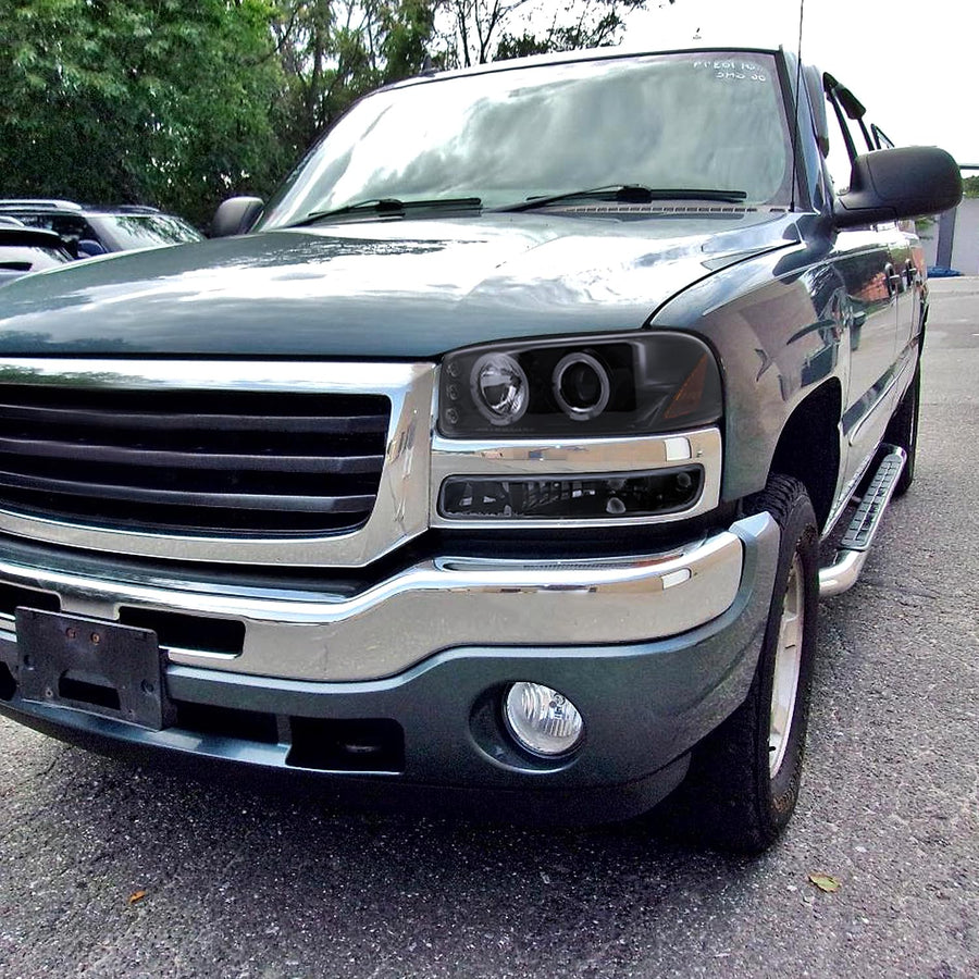 Black Smoke LED Halo Projector Headlights + Bumper Lights SPEC-D TUNING Compatible with 1999-2006 GMC Sierra 1500/2500/3500, Left + Right Pair Headlamps Assembly