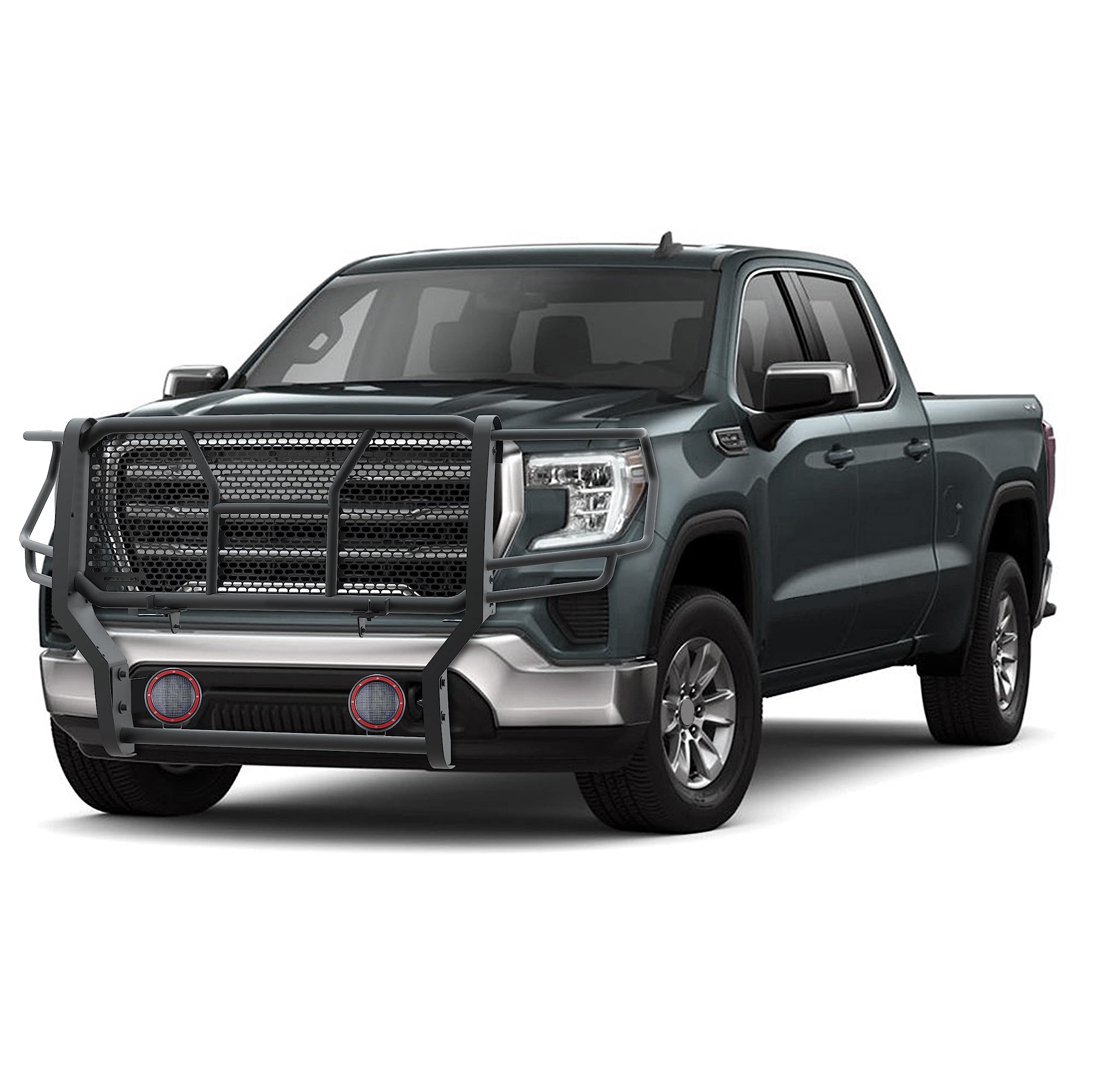 Heavy Duty Black Horse Rugged Grille Brush Bumper Guard Modular Black Come with Pair of 5.3" Dia.LED Lights with Red Trim Rings Compatible with 2020-2023 GMC Sierra 2500 HD/3500 HD-RU-GMSI20-B-PLFR